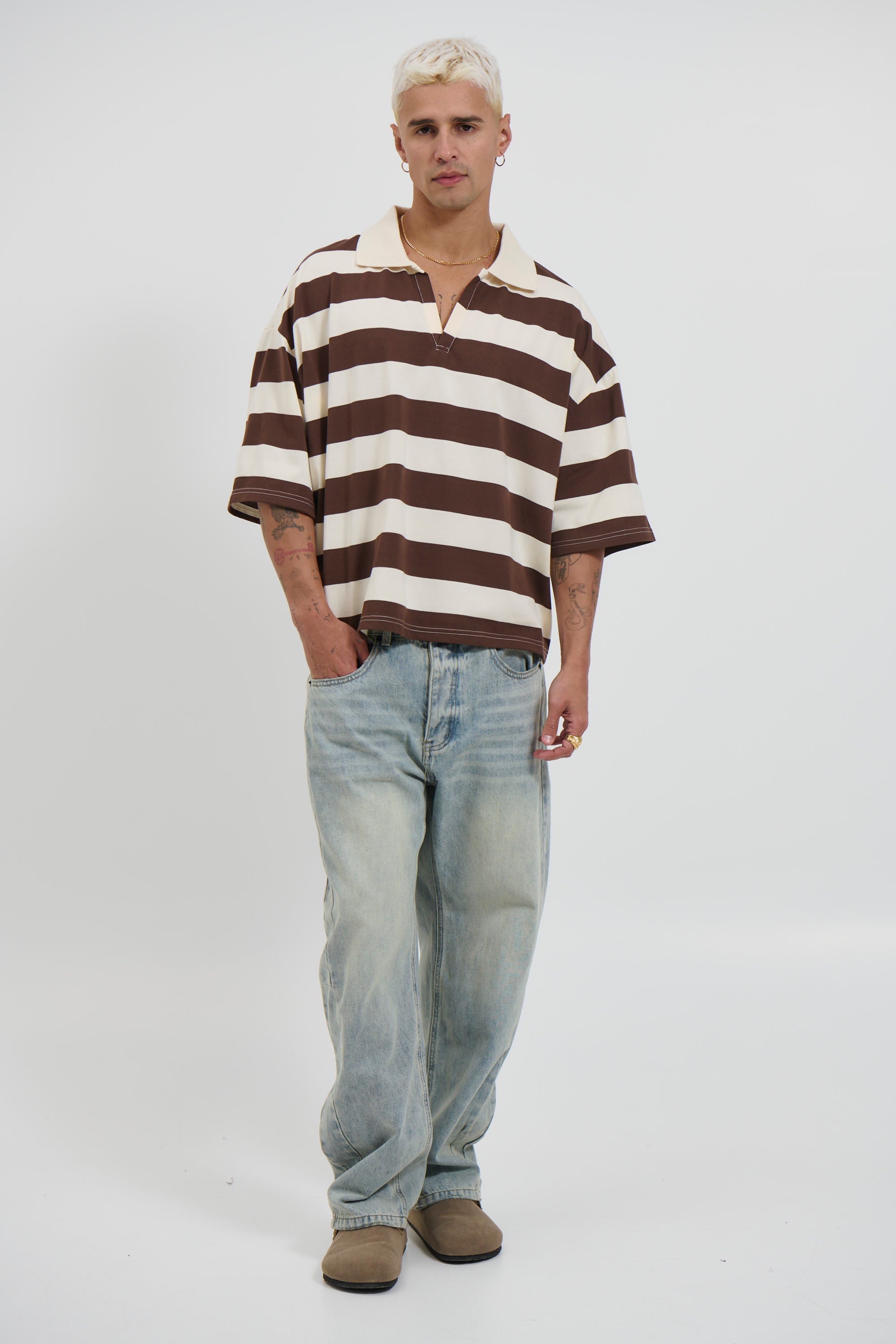 Jersey Crop Polo Stripe Choc