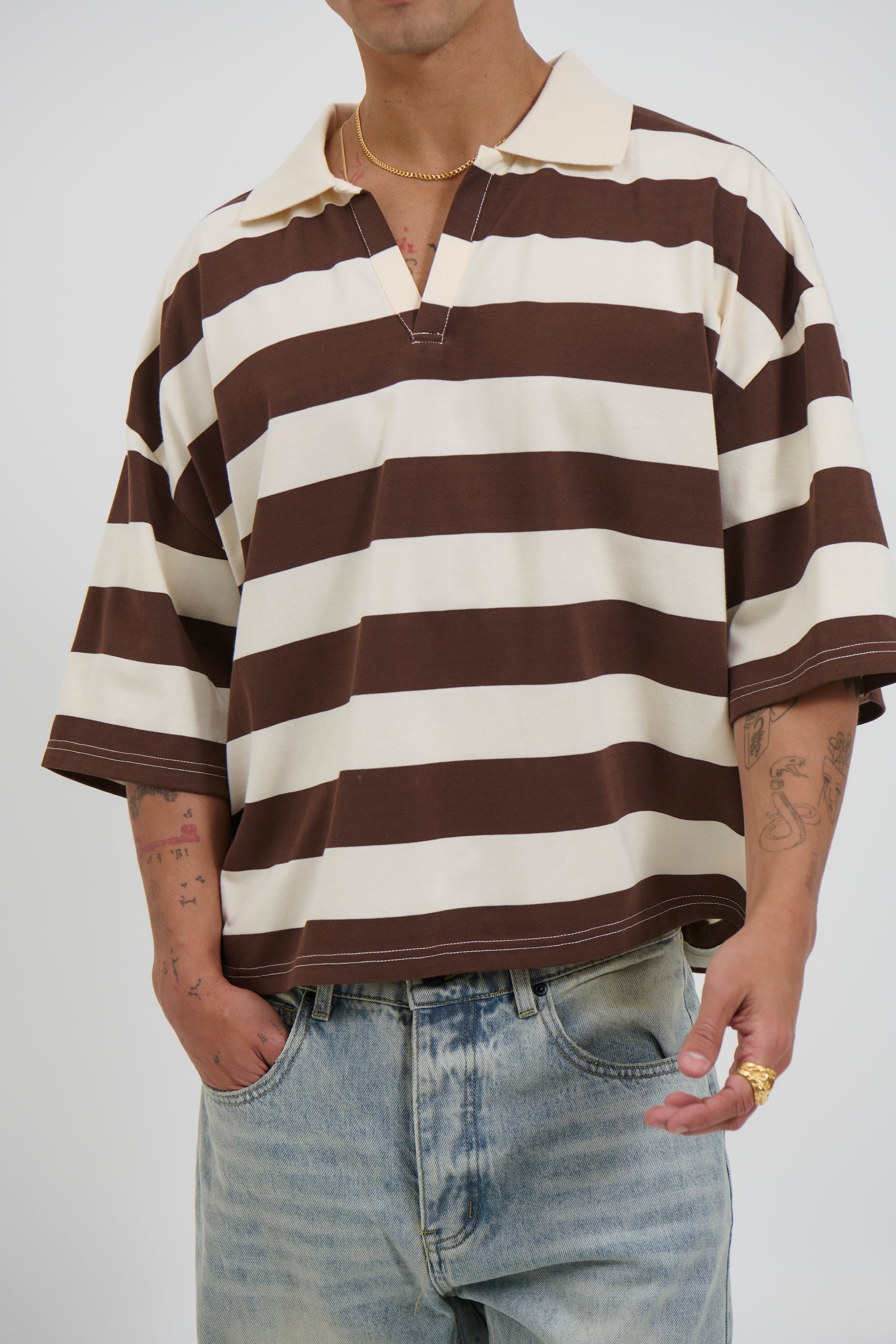 Jersey Crop Polo Stripe Choc