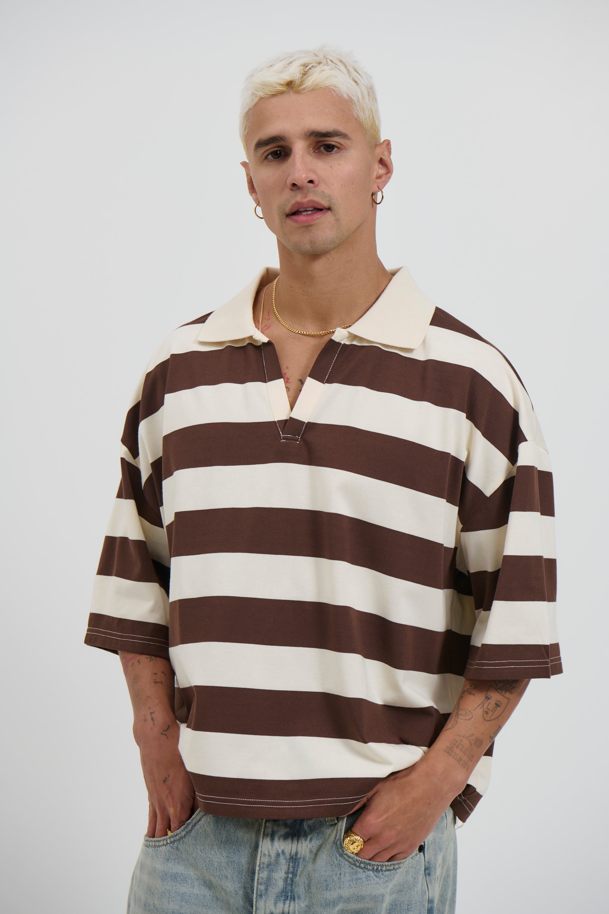 Jersey Crop Polo Stripe Choc