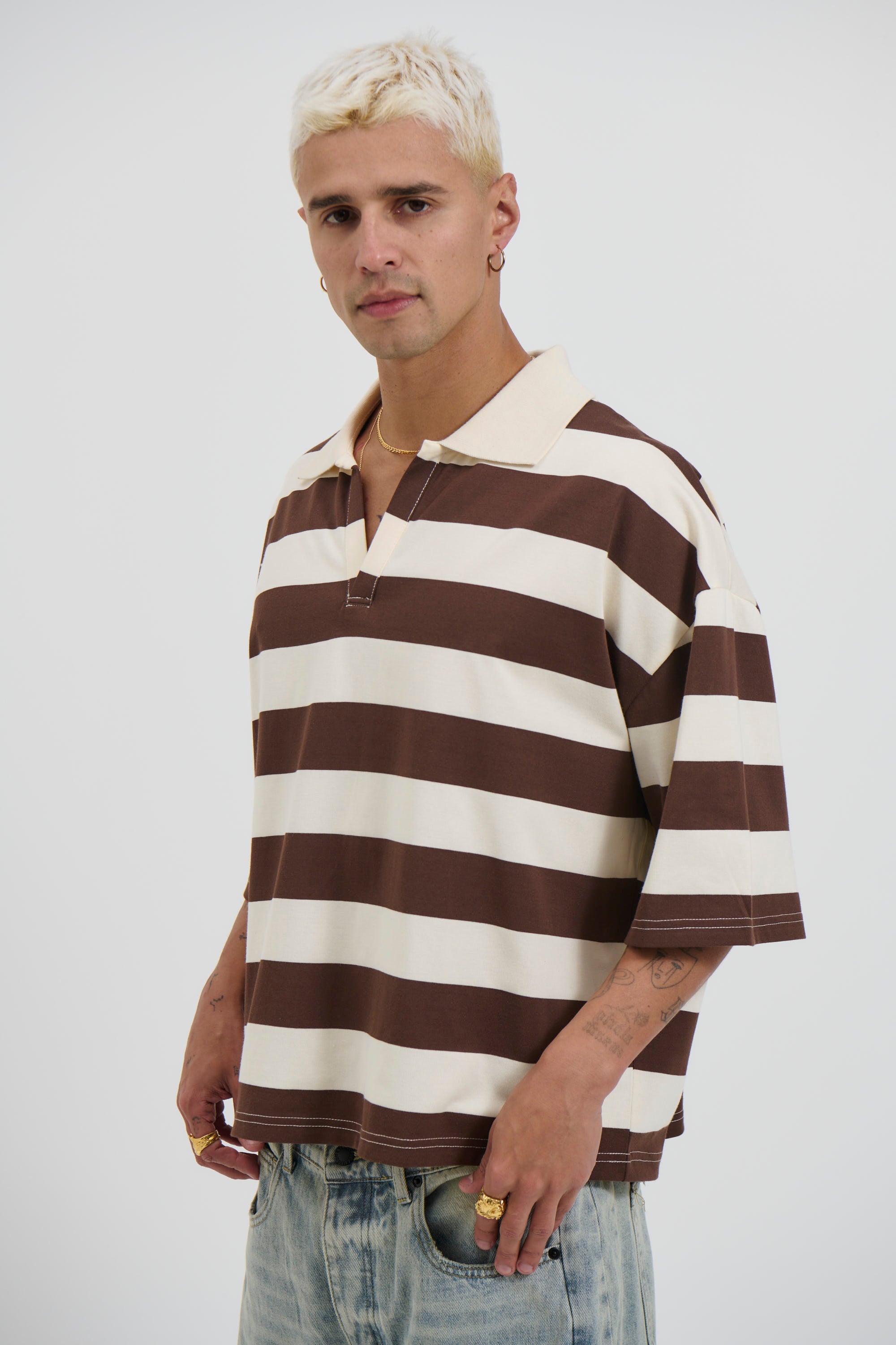Jersey Crop Polo Stripe Choc