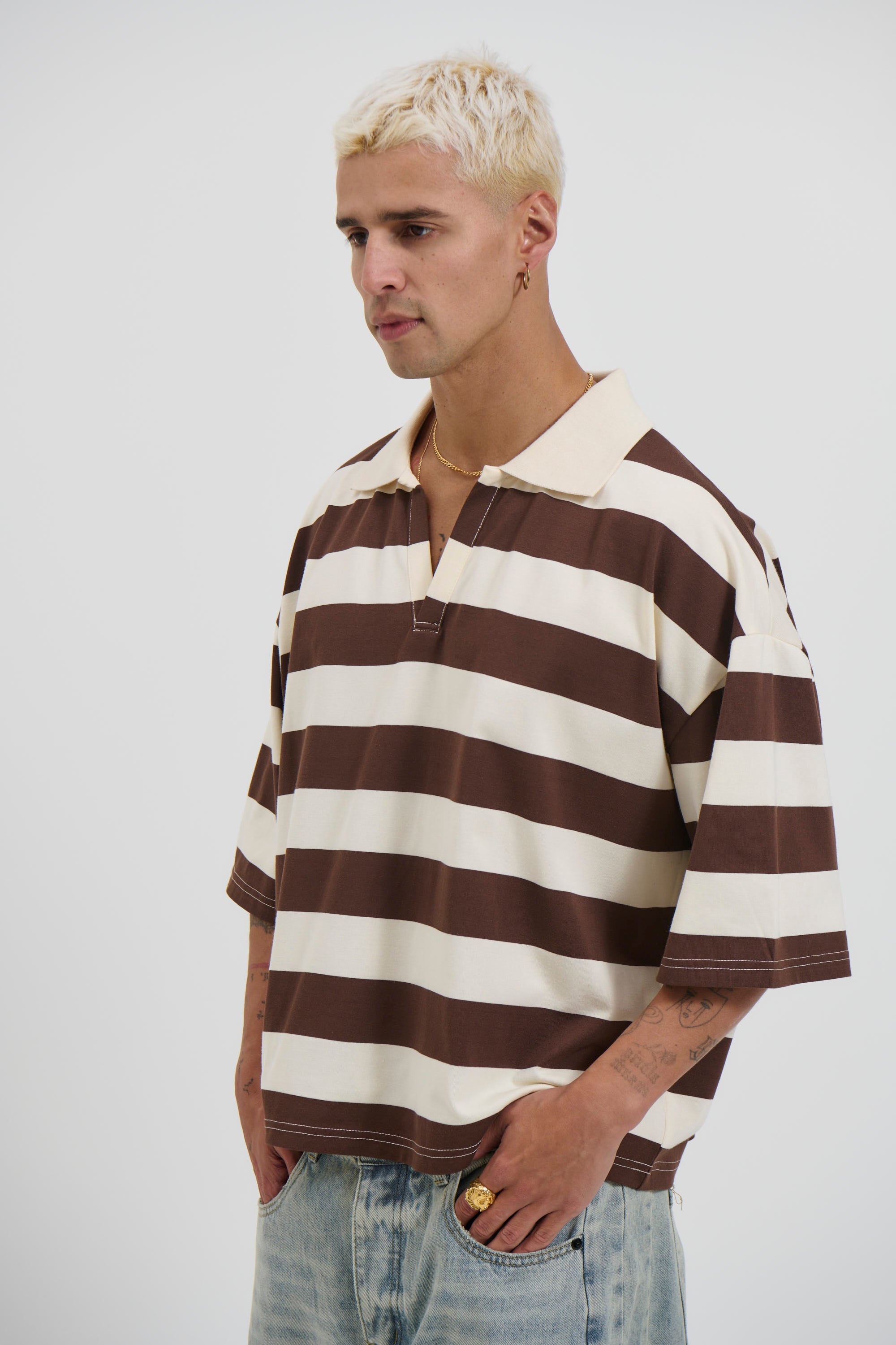 Jersey Crop Polo Stripe Choc