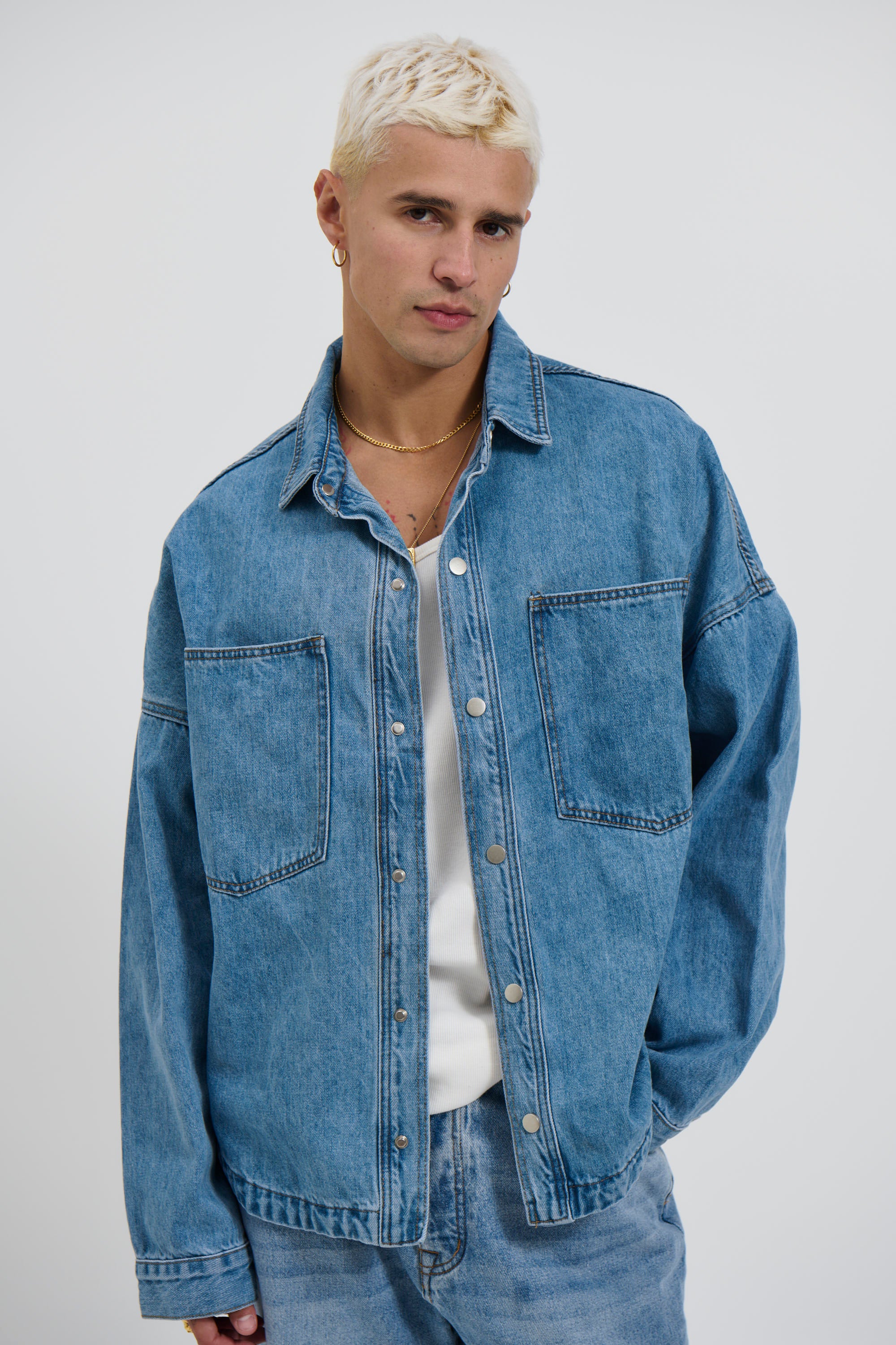 Drop Shoulder Denim Shirt Blue