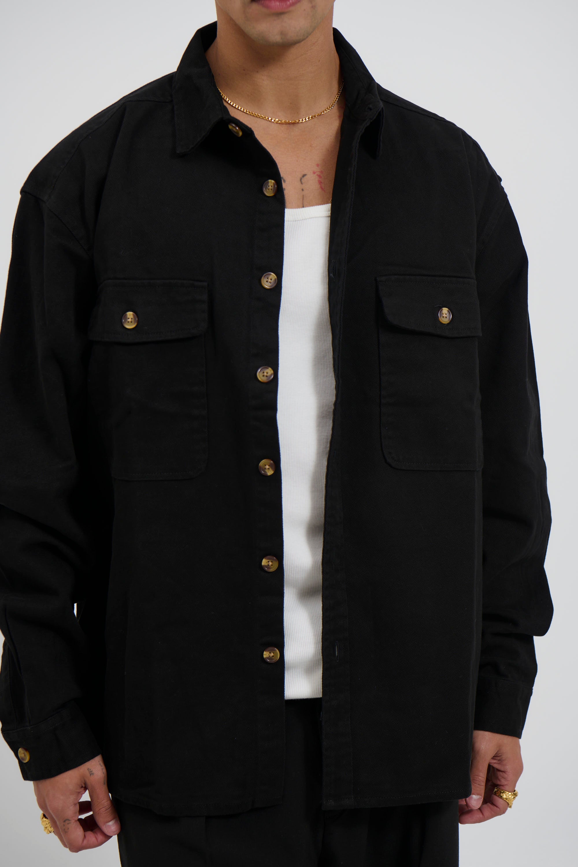 Mike Cotton Drill Shacket Black