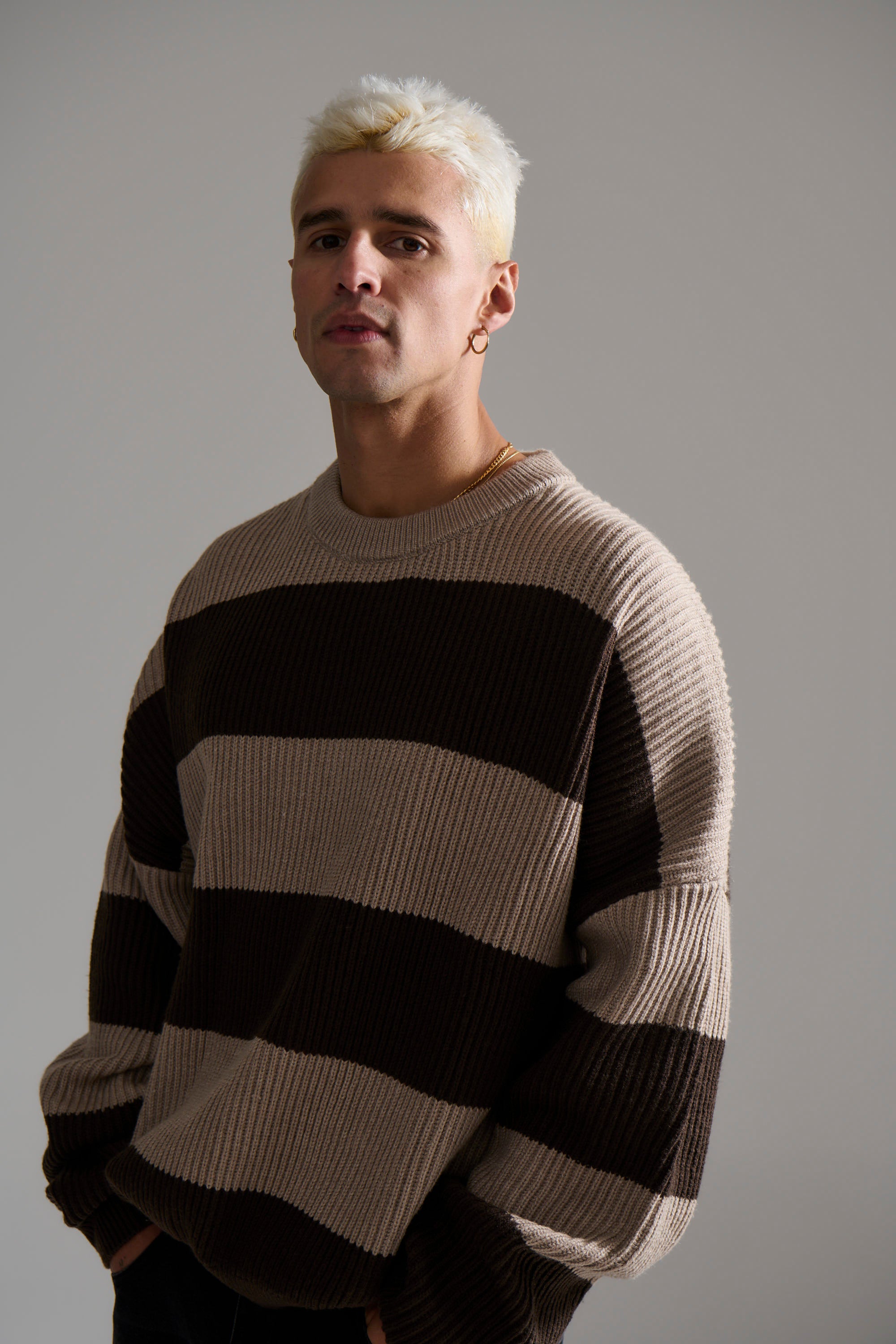 Drop Sleeve Heavy Knit Choc Stripe