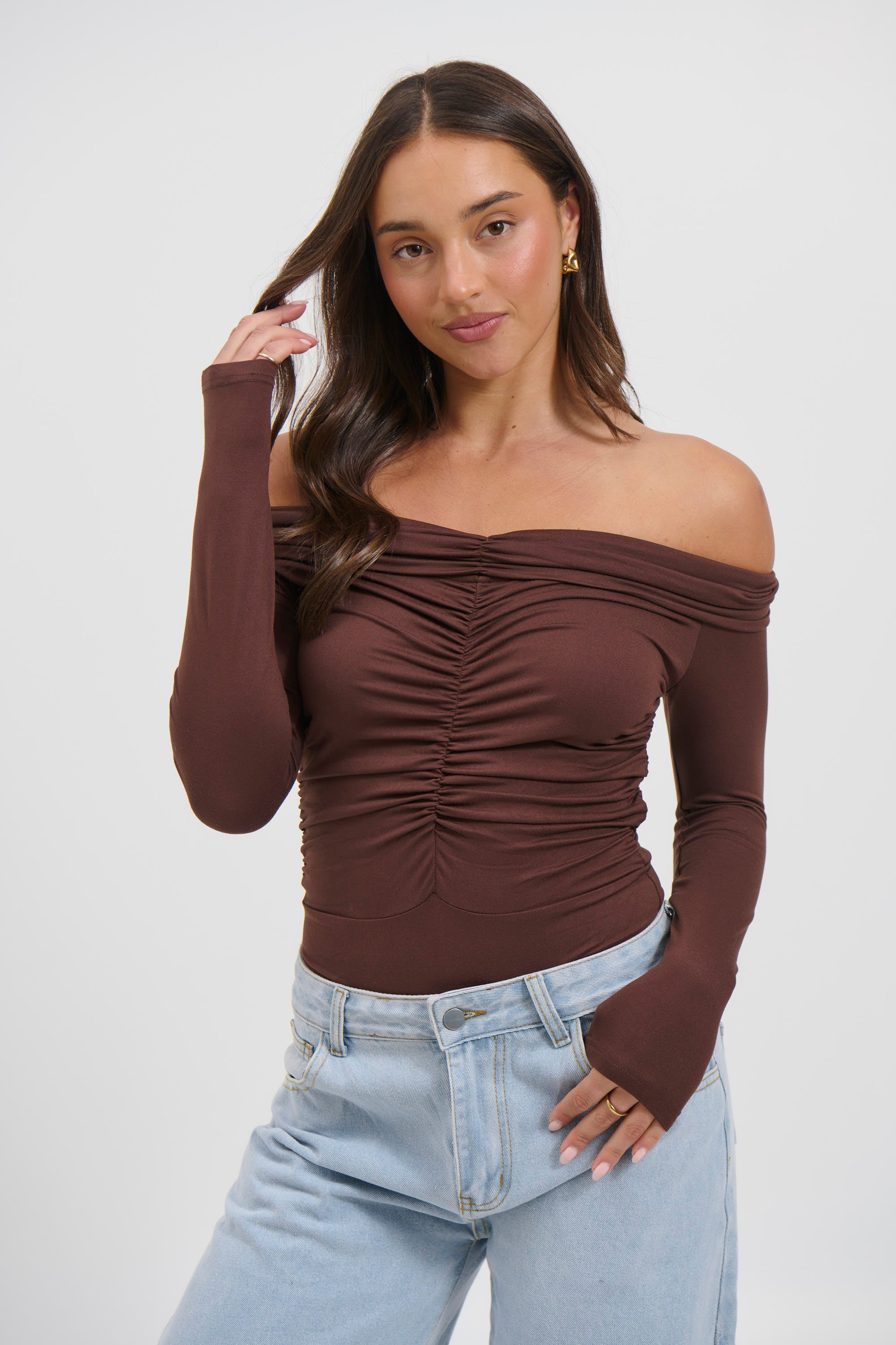 Harlow Off The Shoulder Bodysuit Chocolate