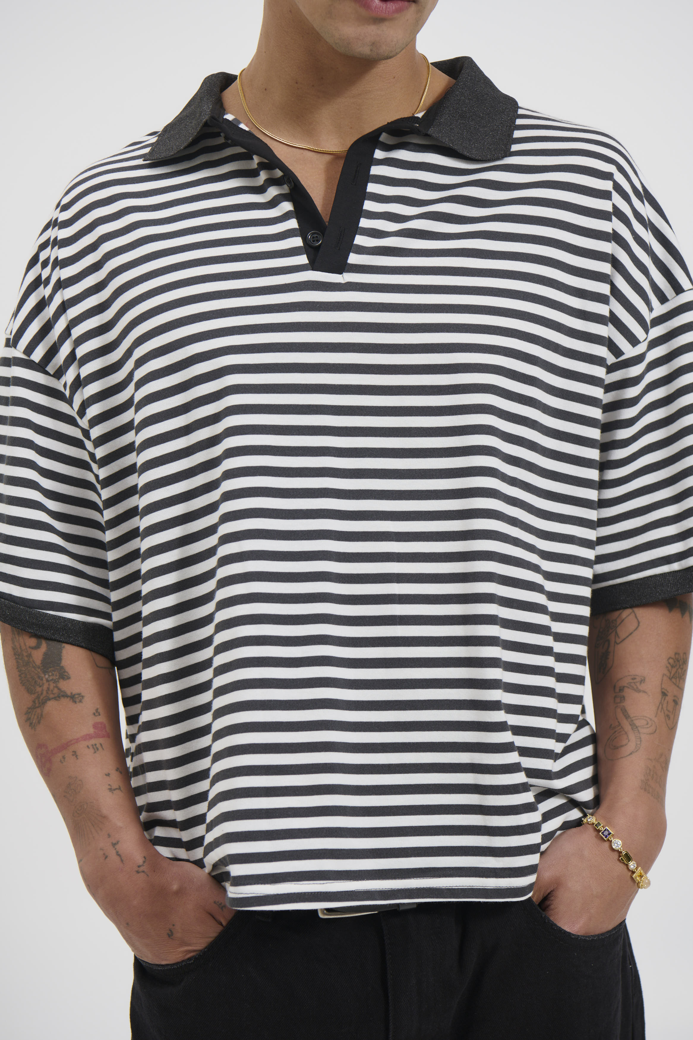 Stripe Ribbed Polo Black