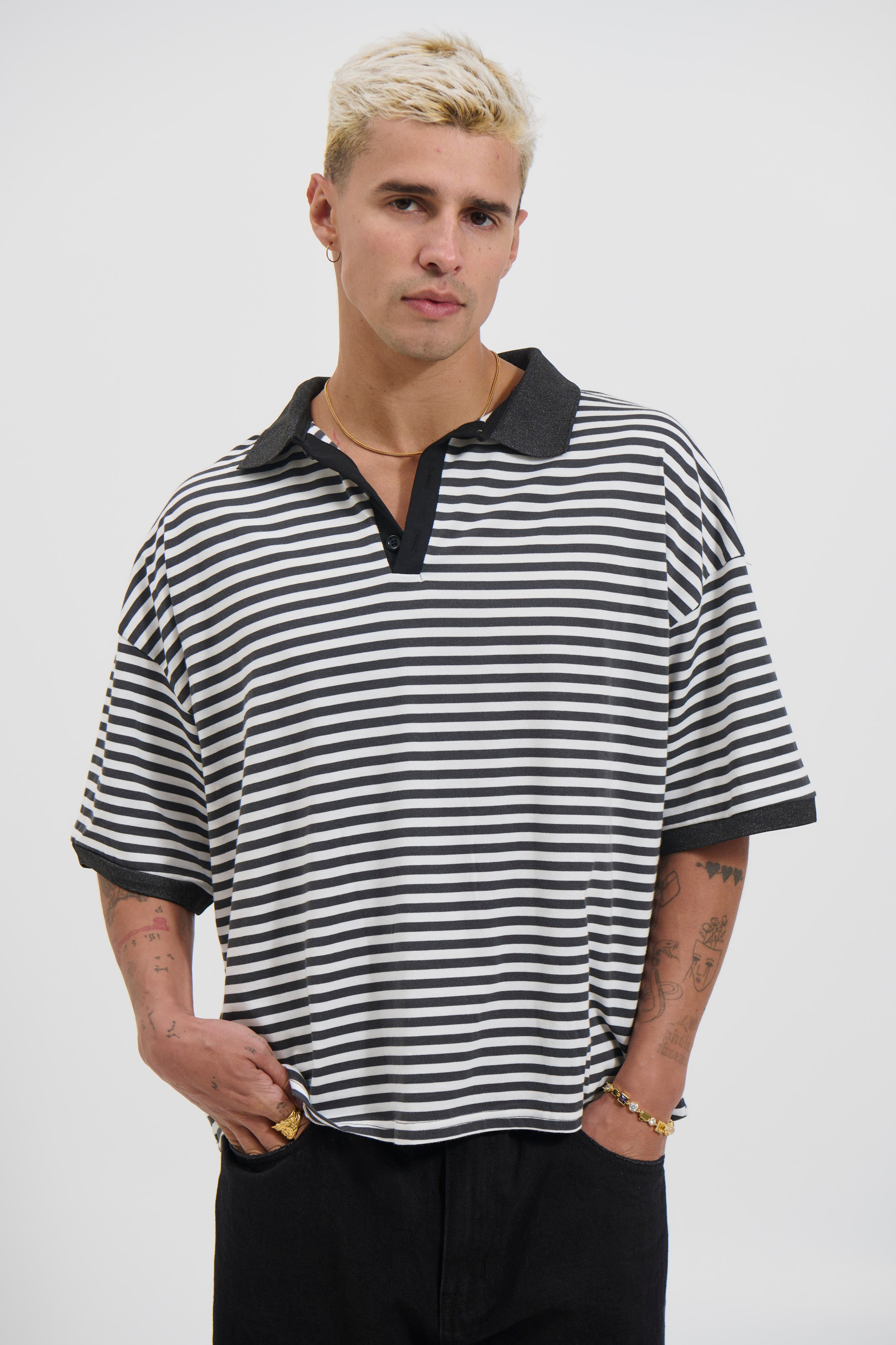 Stripe Ribbed Polo Black