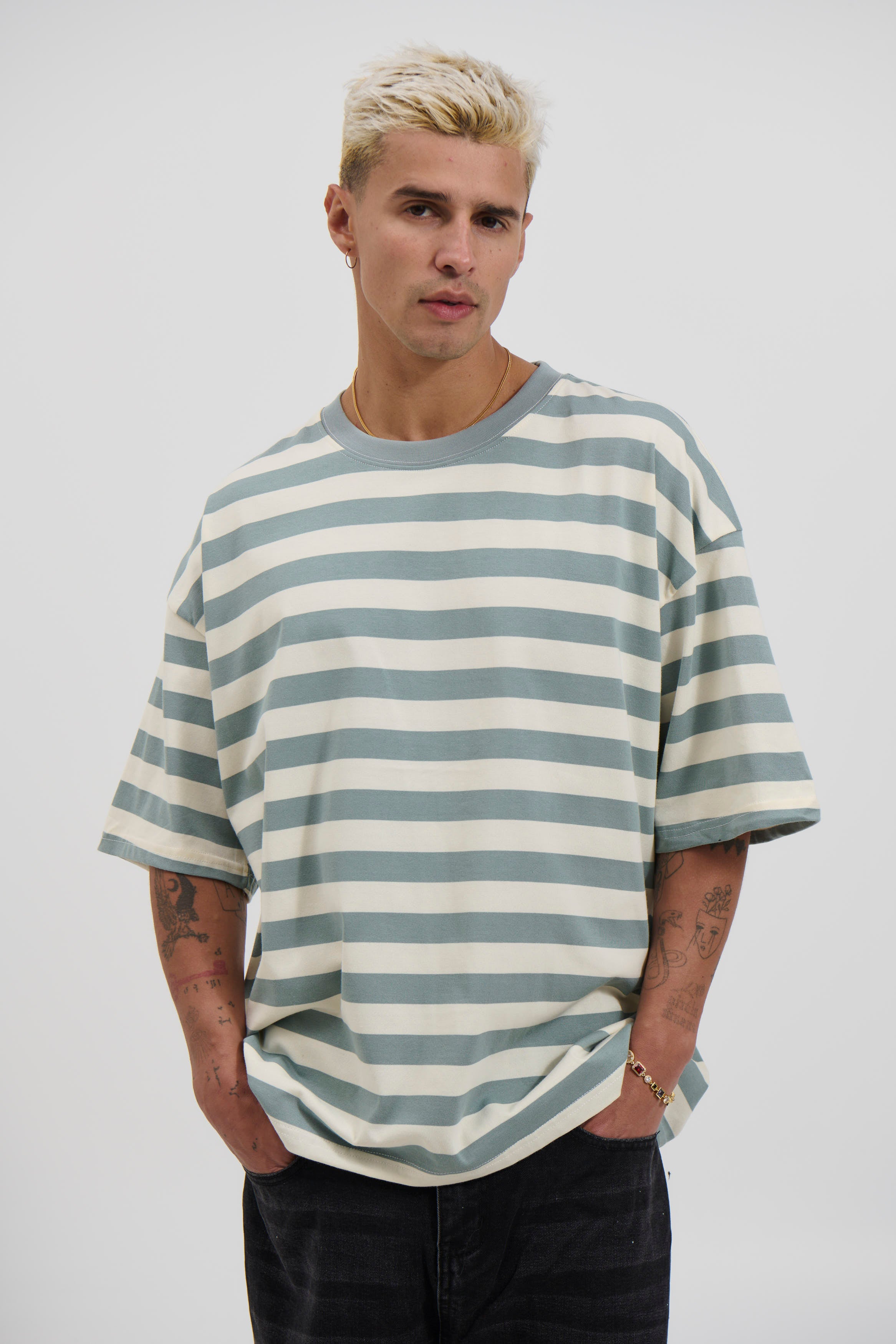 Midweight Signature Tee Sage Stripe