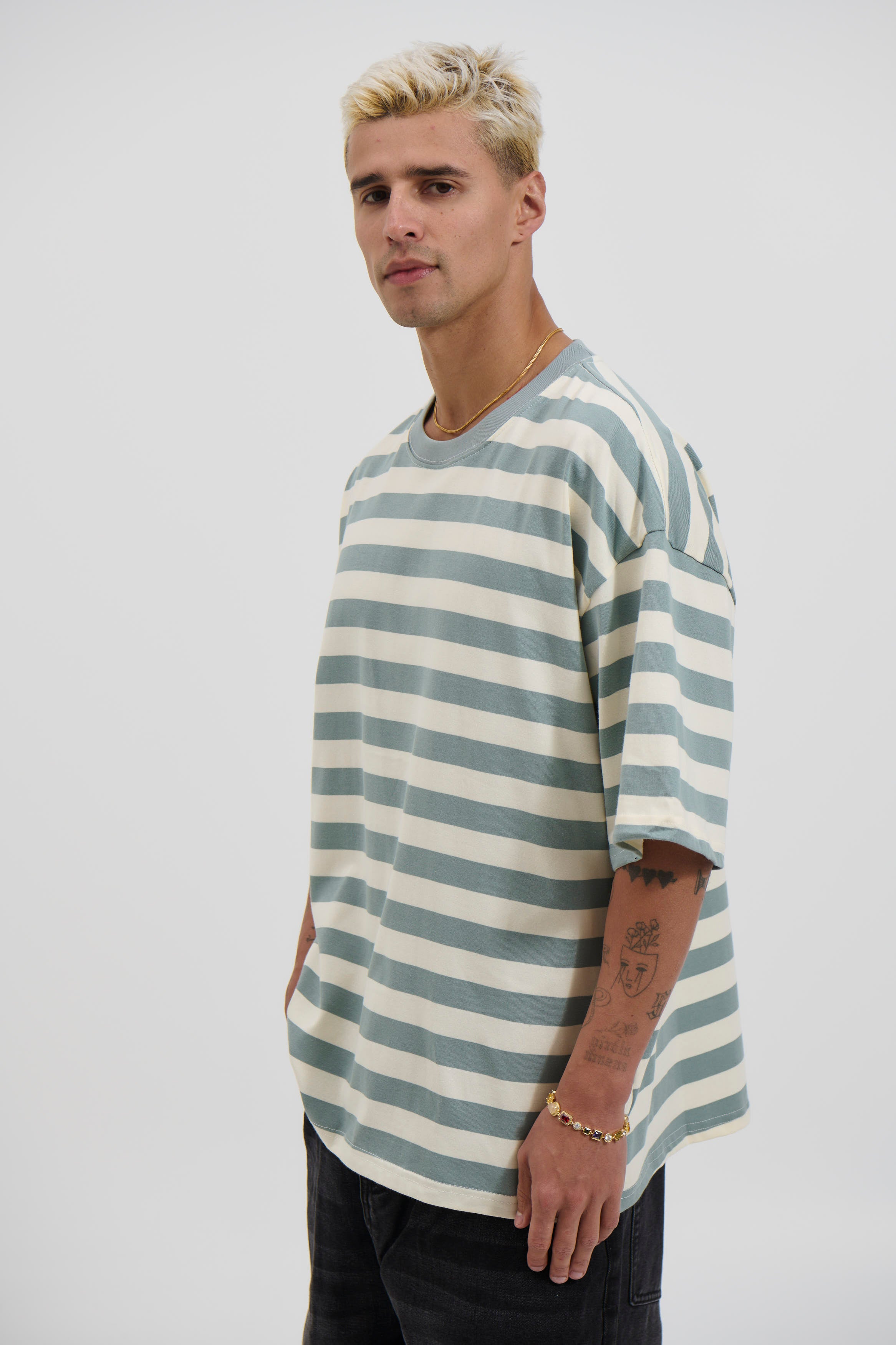 Midweight Signature Tee Sage Stripe