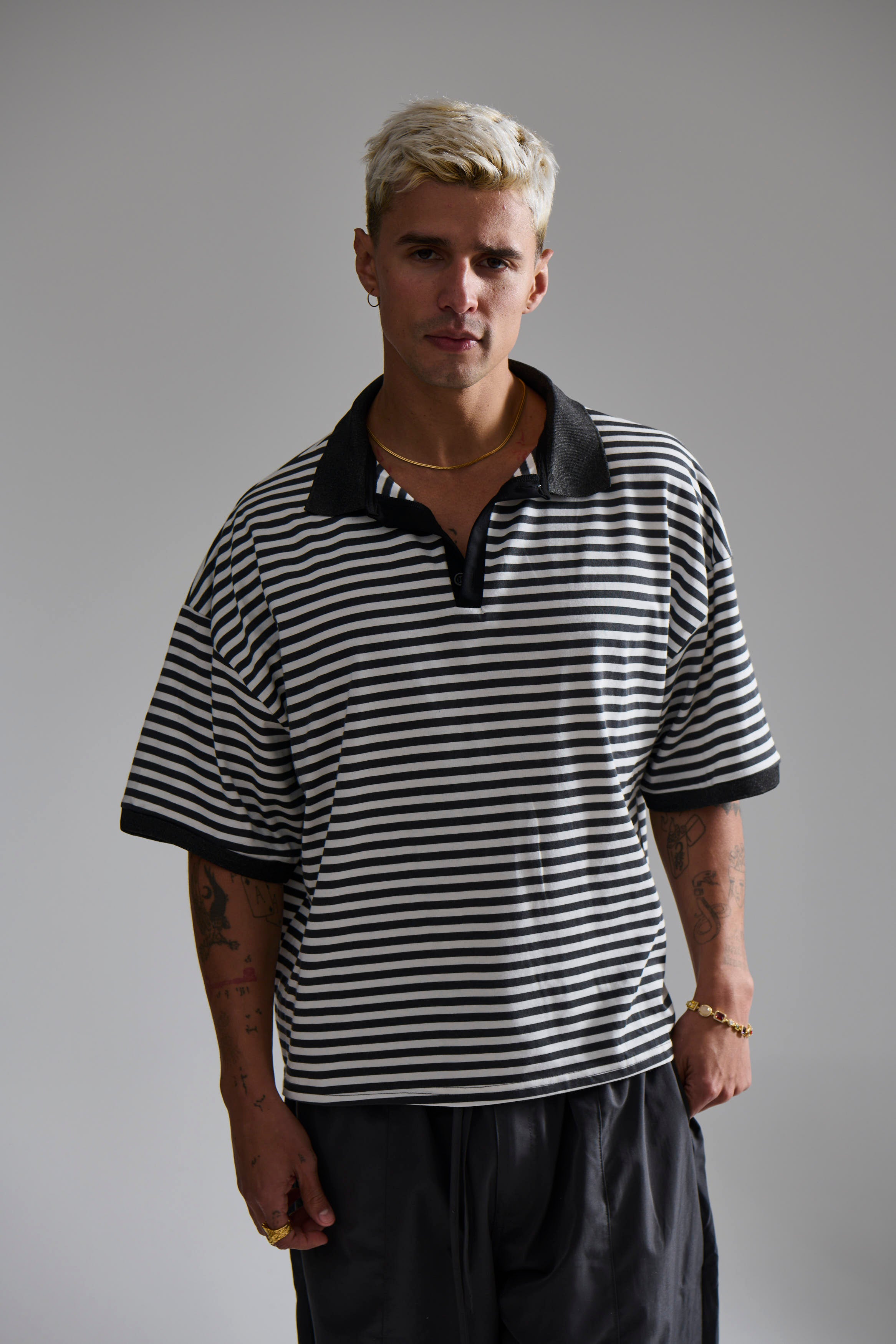 Stripe Ribbed Polo Black