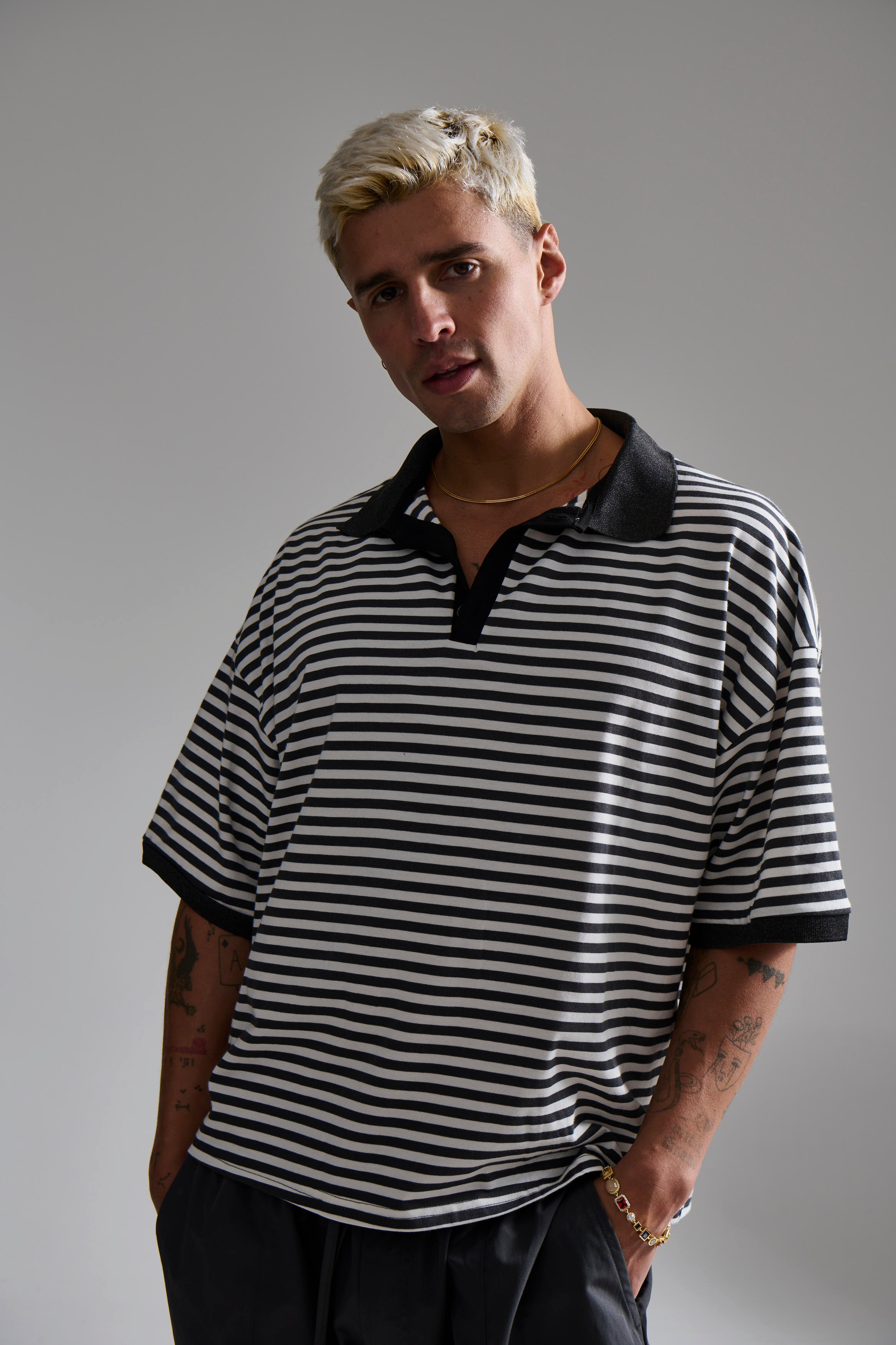 Stripe Ribbed Polo Black