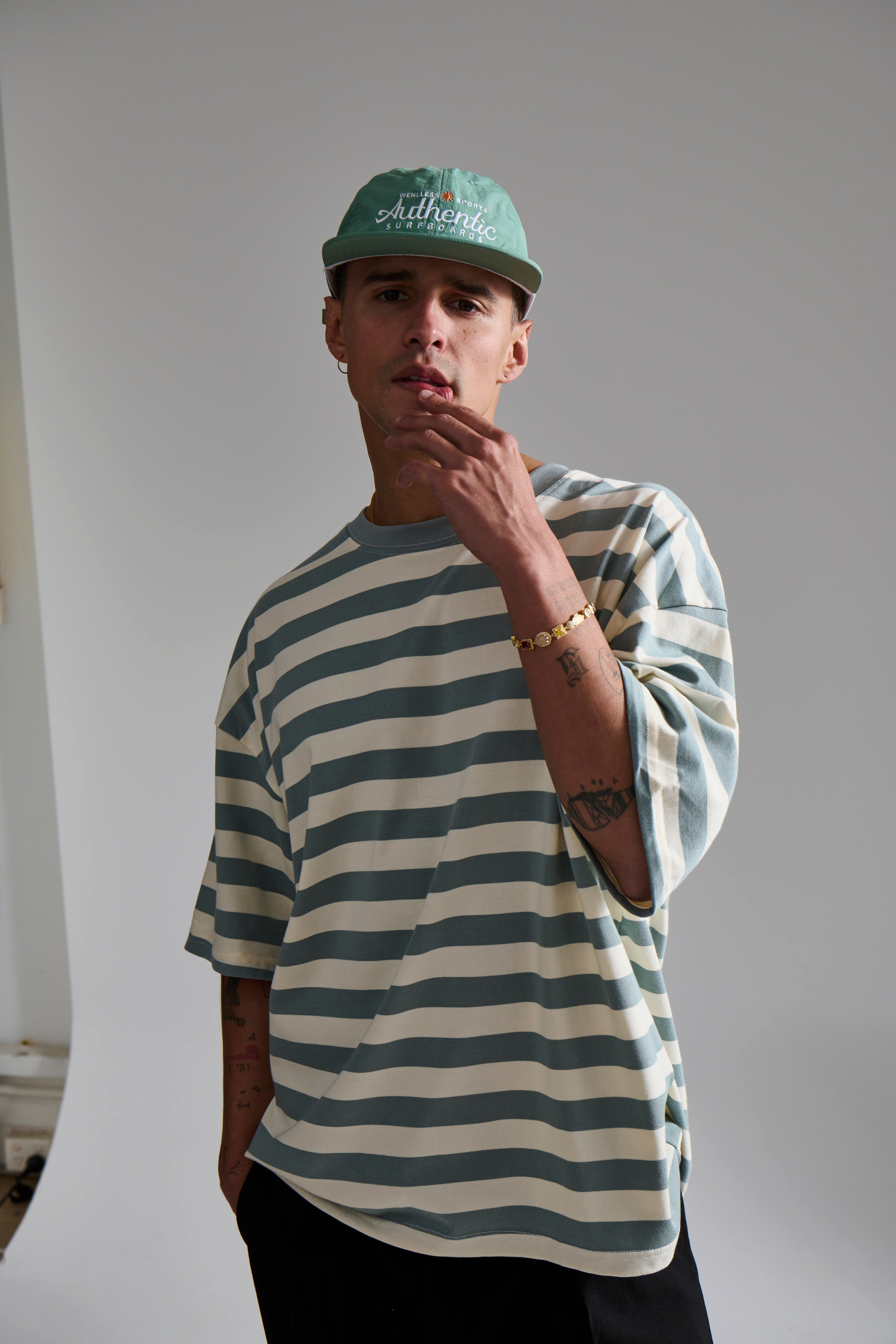 Midweight Signature Tee Sage Stripe