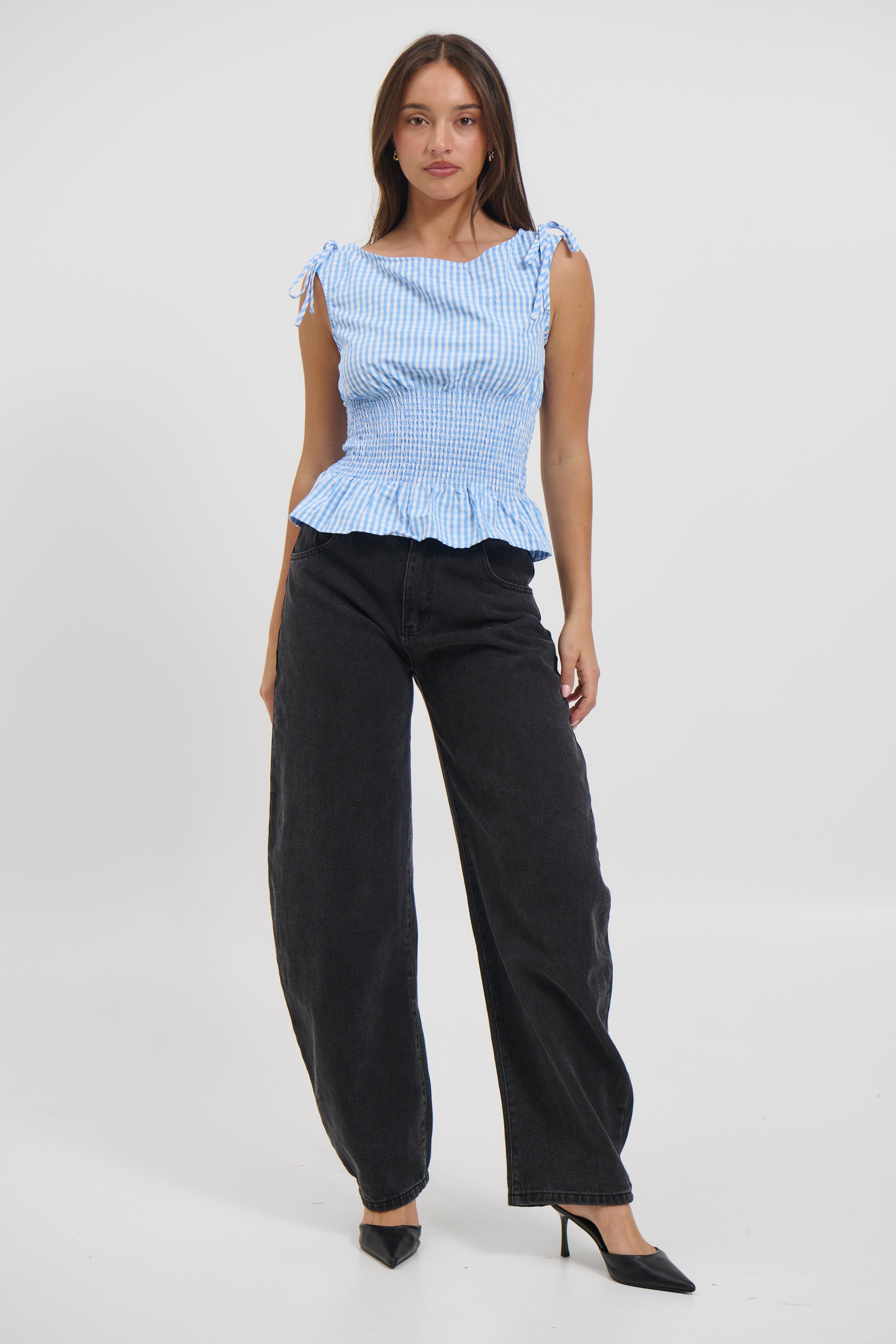 Harrison Gingham Top Sky