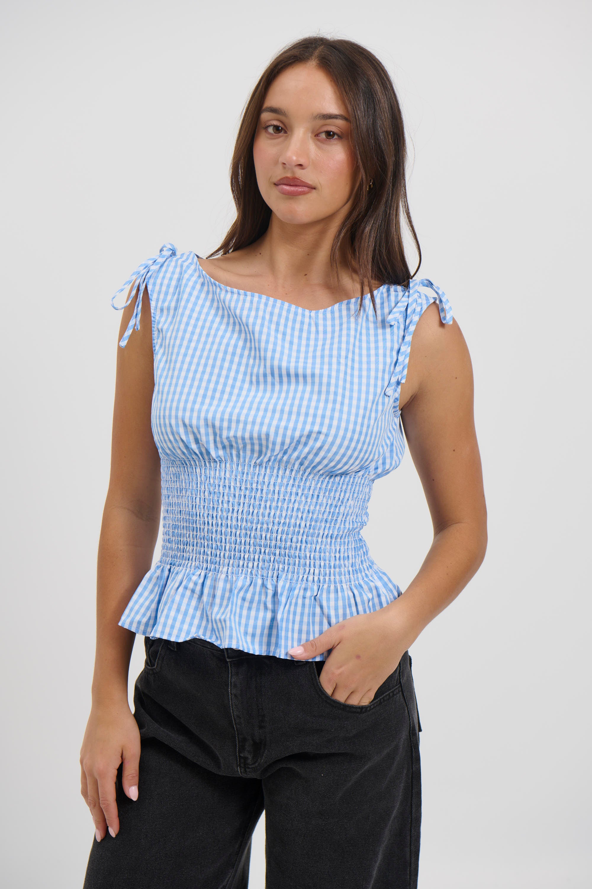 Harrison Gingham Top Sky