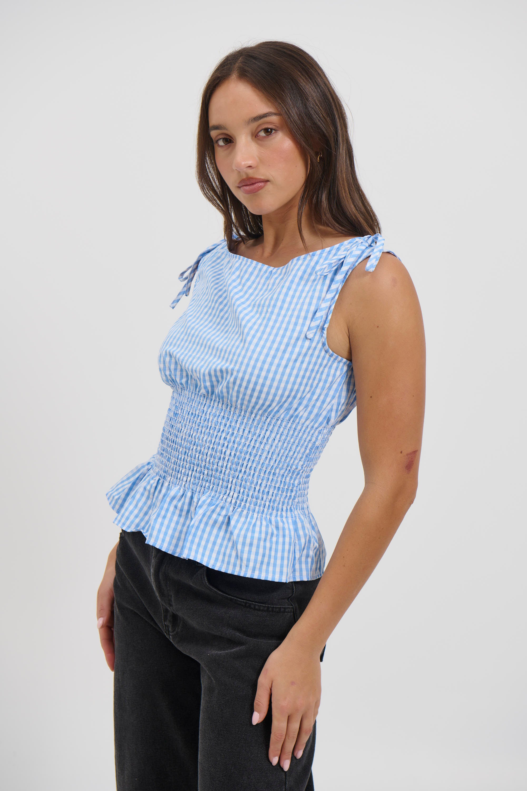 Harrison Gingham Top Sky