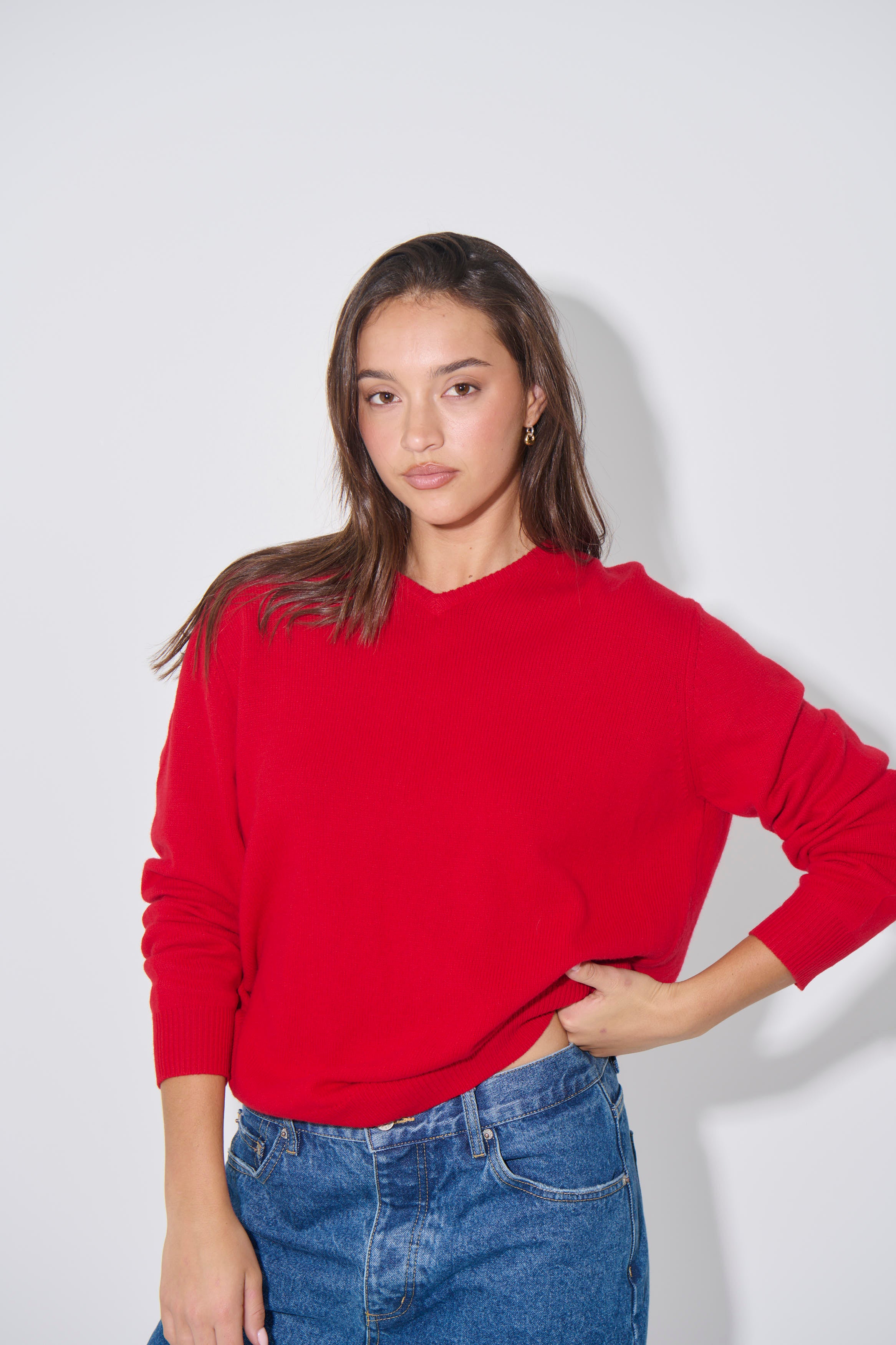 Billie V Neck Sweater Cherry Red