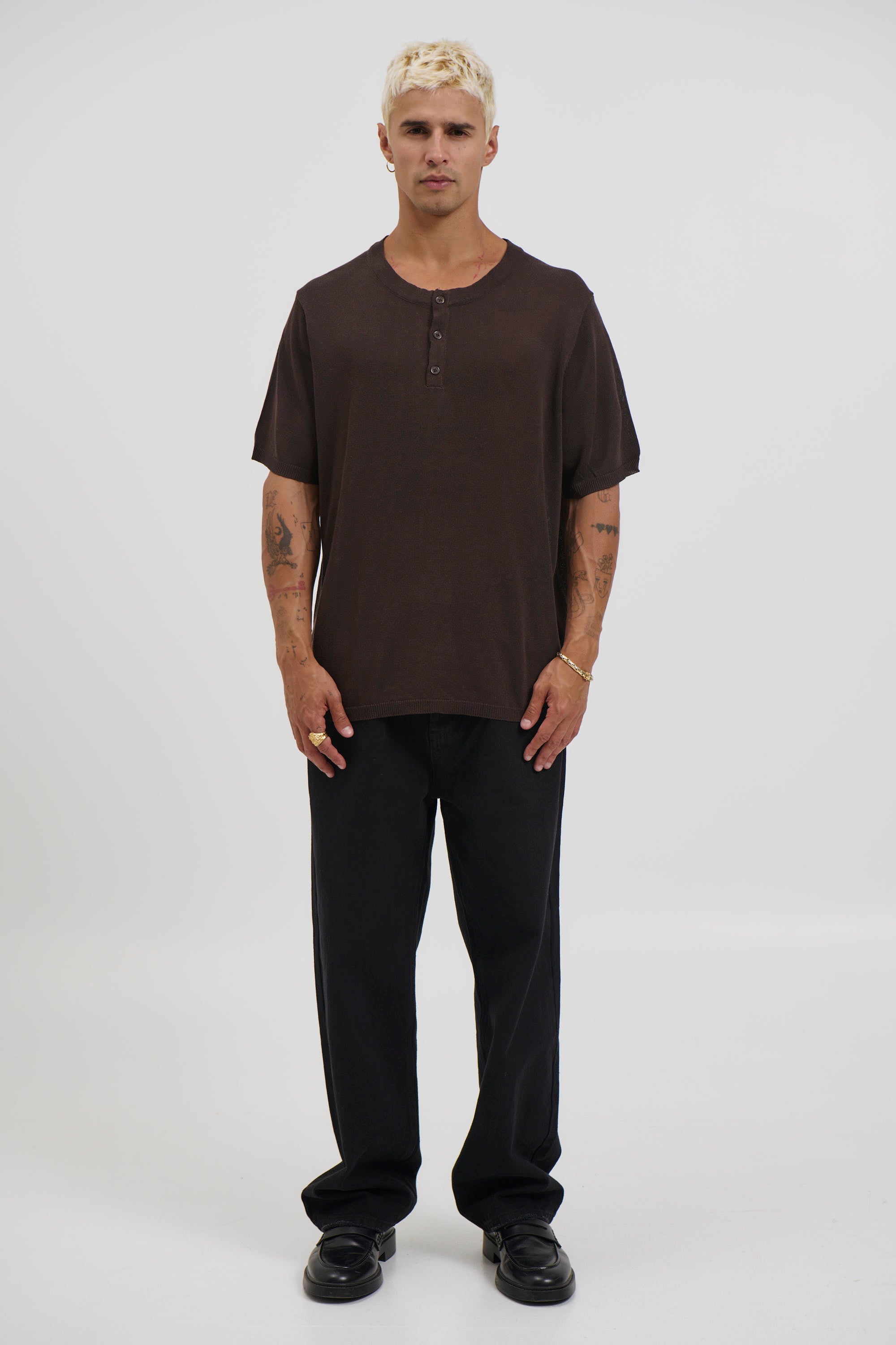 Knitted Henley Tee Chocolate