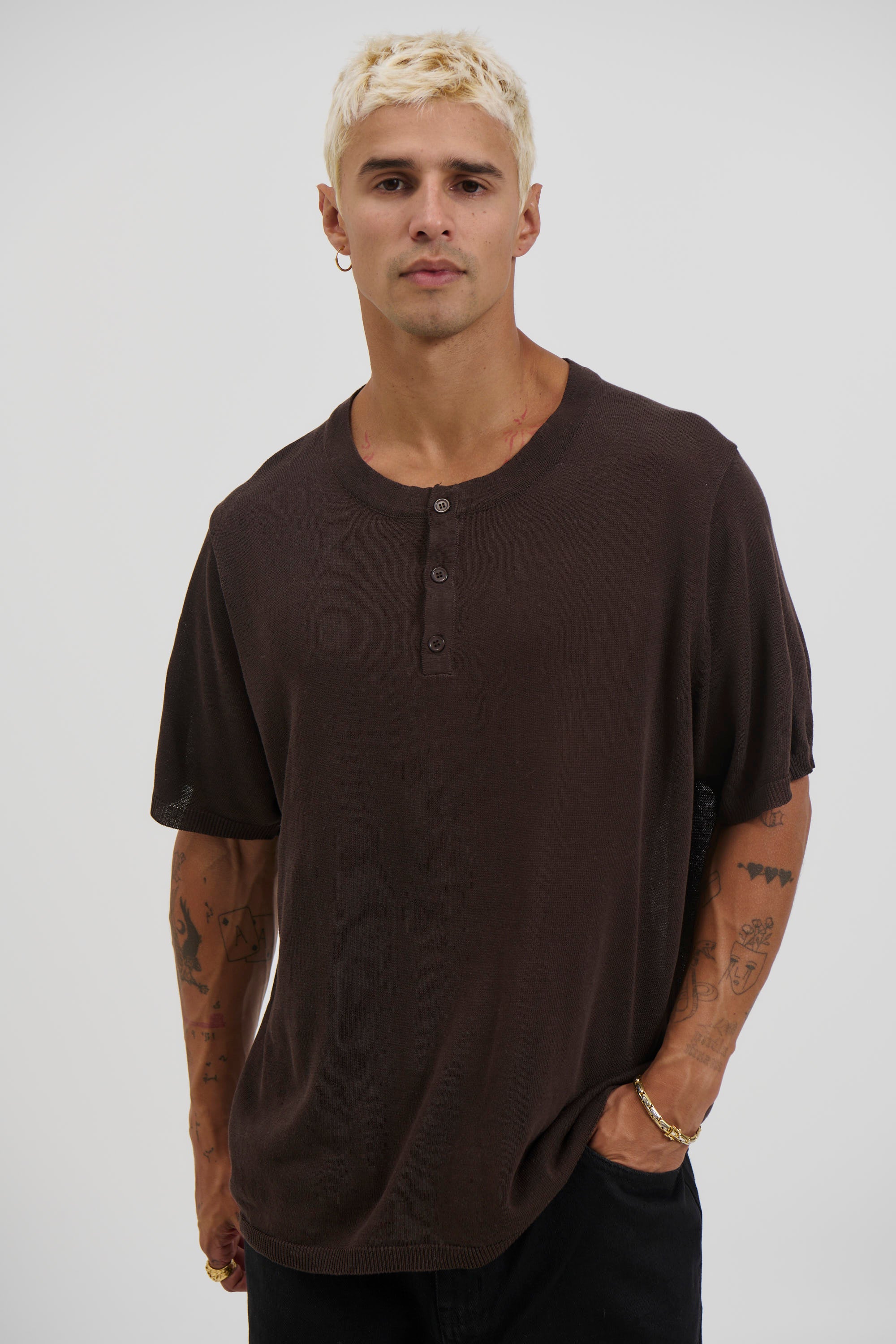 Knitted Henley Tee Chocolate