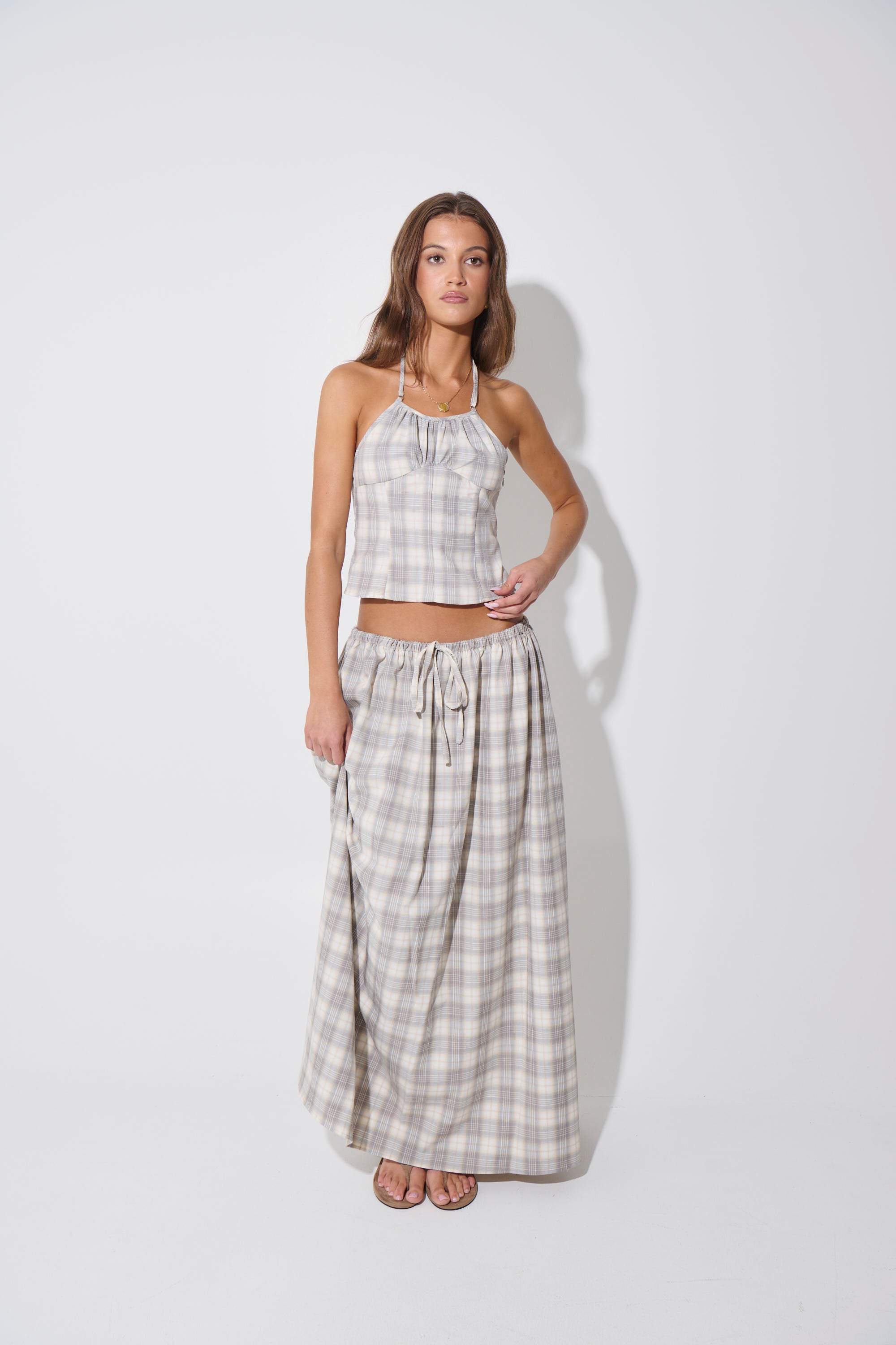 Sweet Escape Maxi Skirt Smoke Plaid