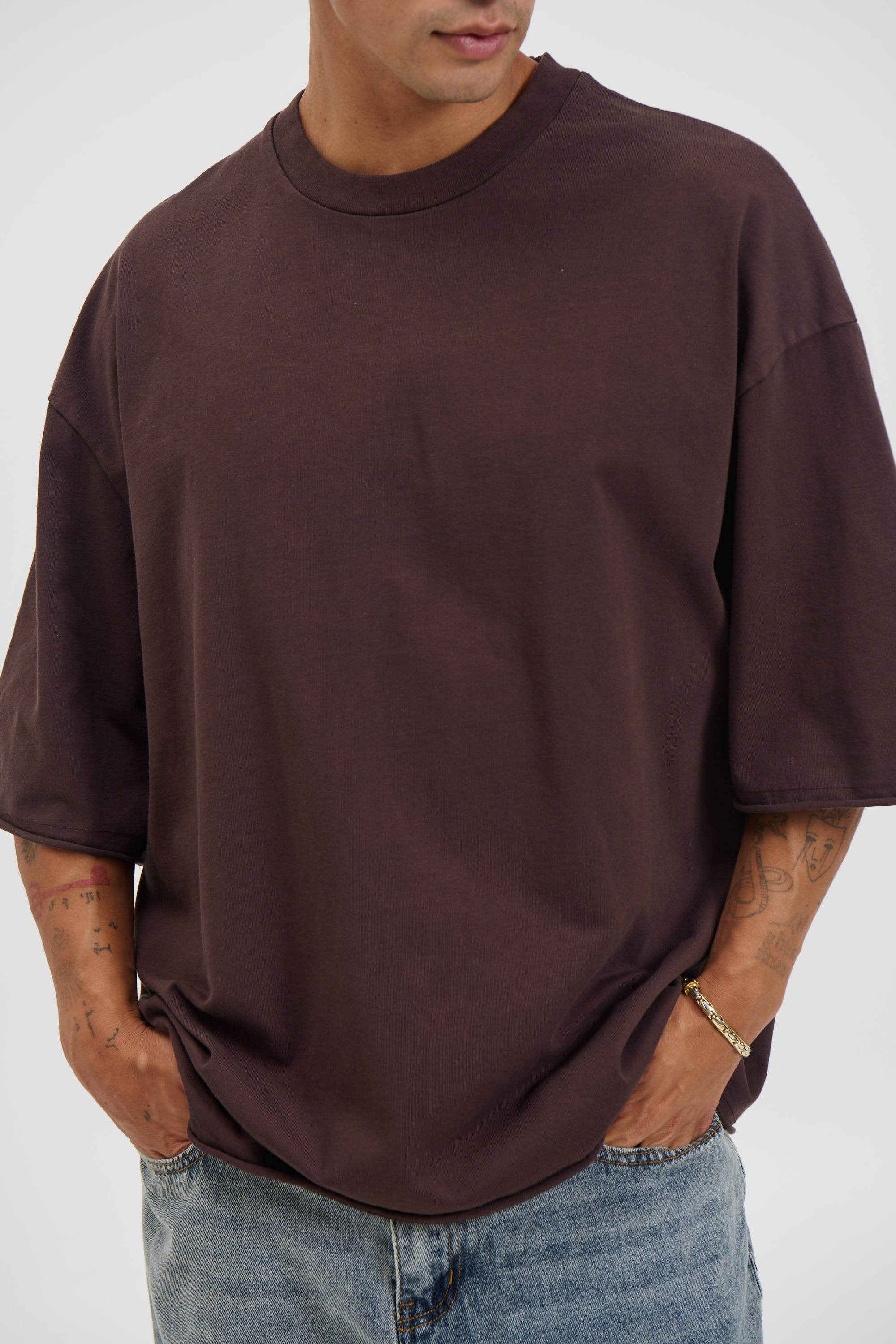 Raw Hem Crew Neck Tee Choc