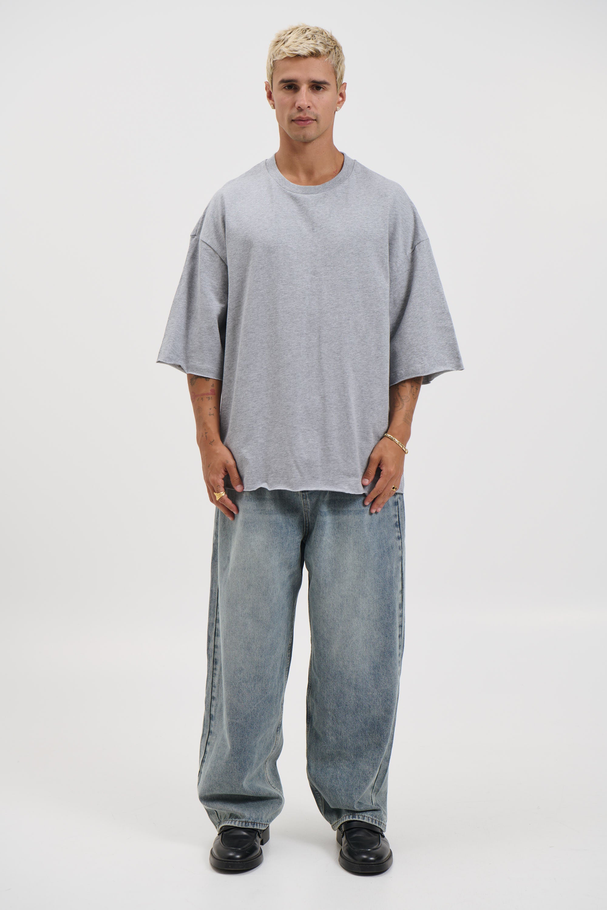 Raw Hem Crew Neck Tee Grey Marle