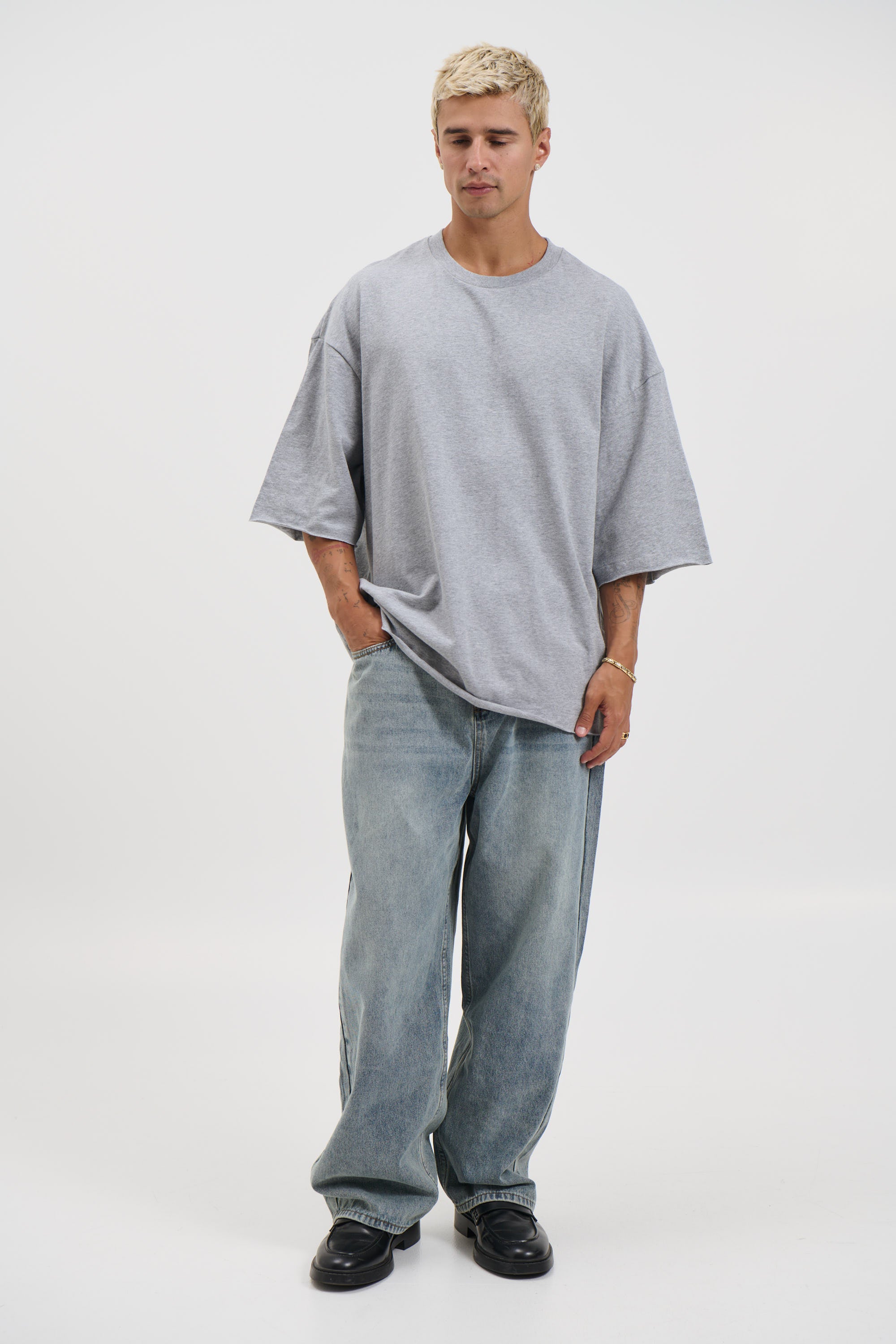 Raw Hem Crew Neck Tee Grey Marle