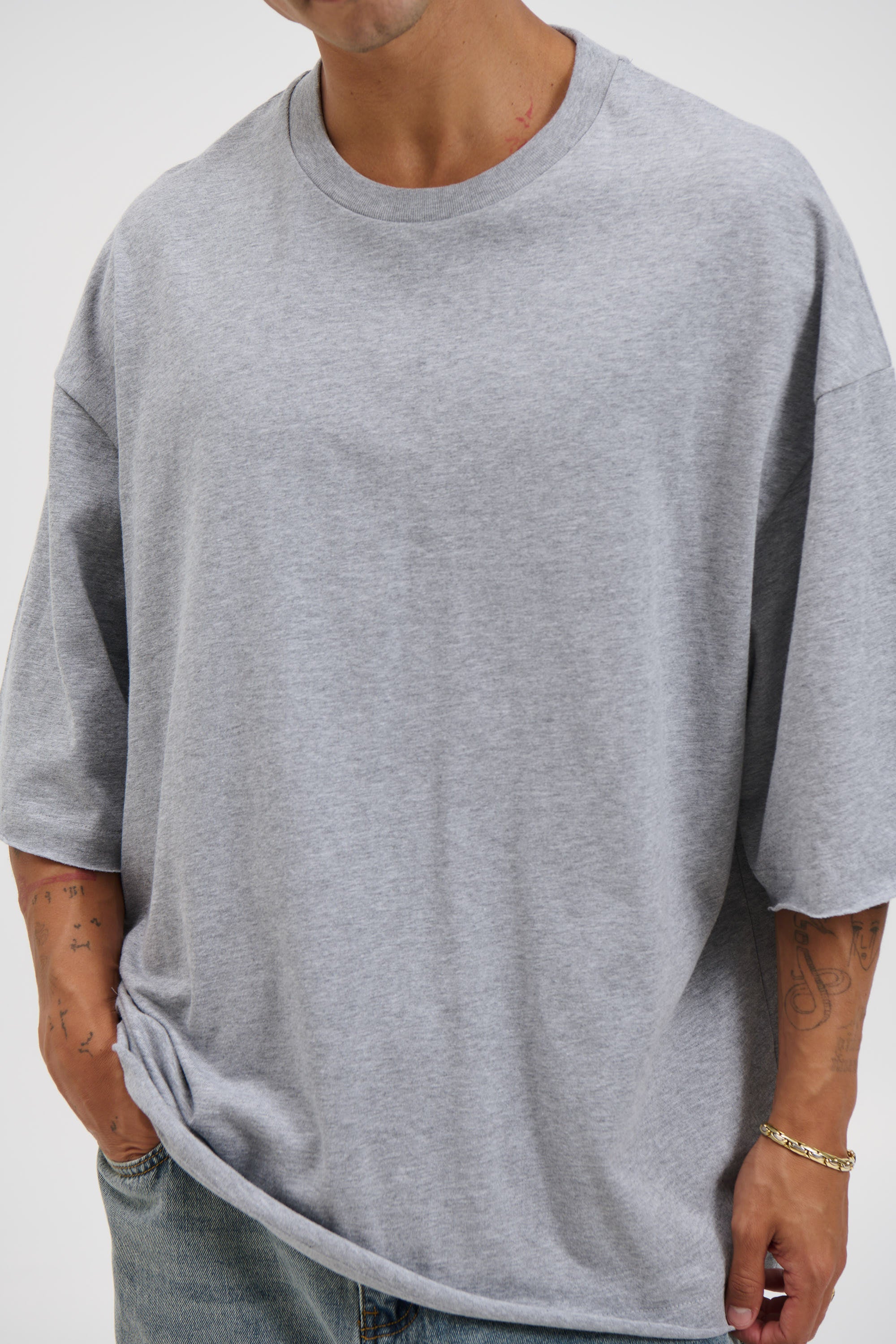 Raw Hem Crew Neck Tee Grey Marle