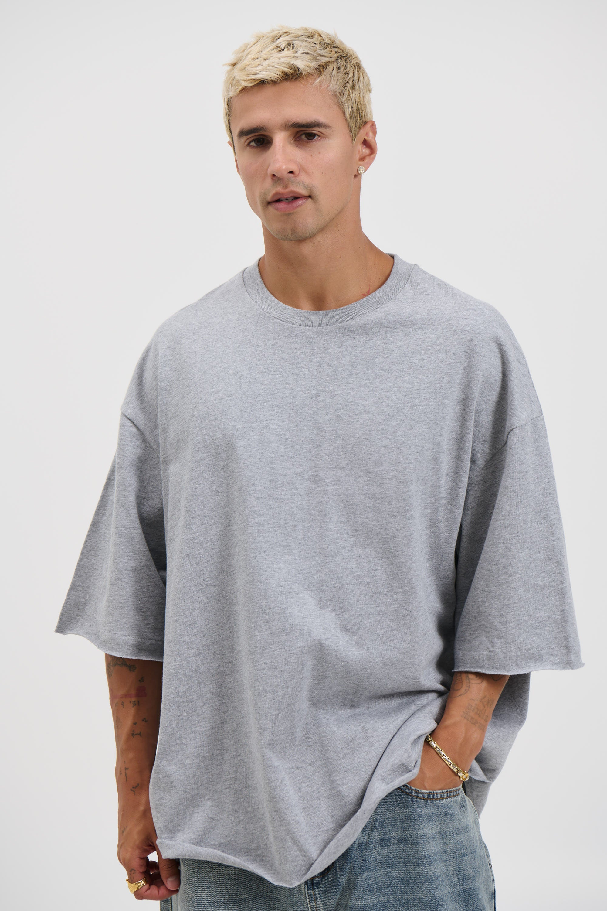 Raw Hem Crew Neck Tee Grey Marle