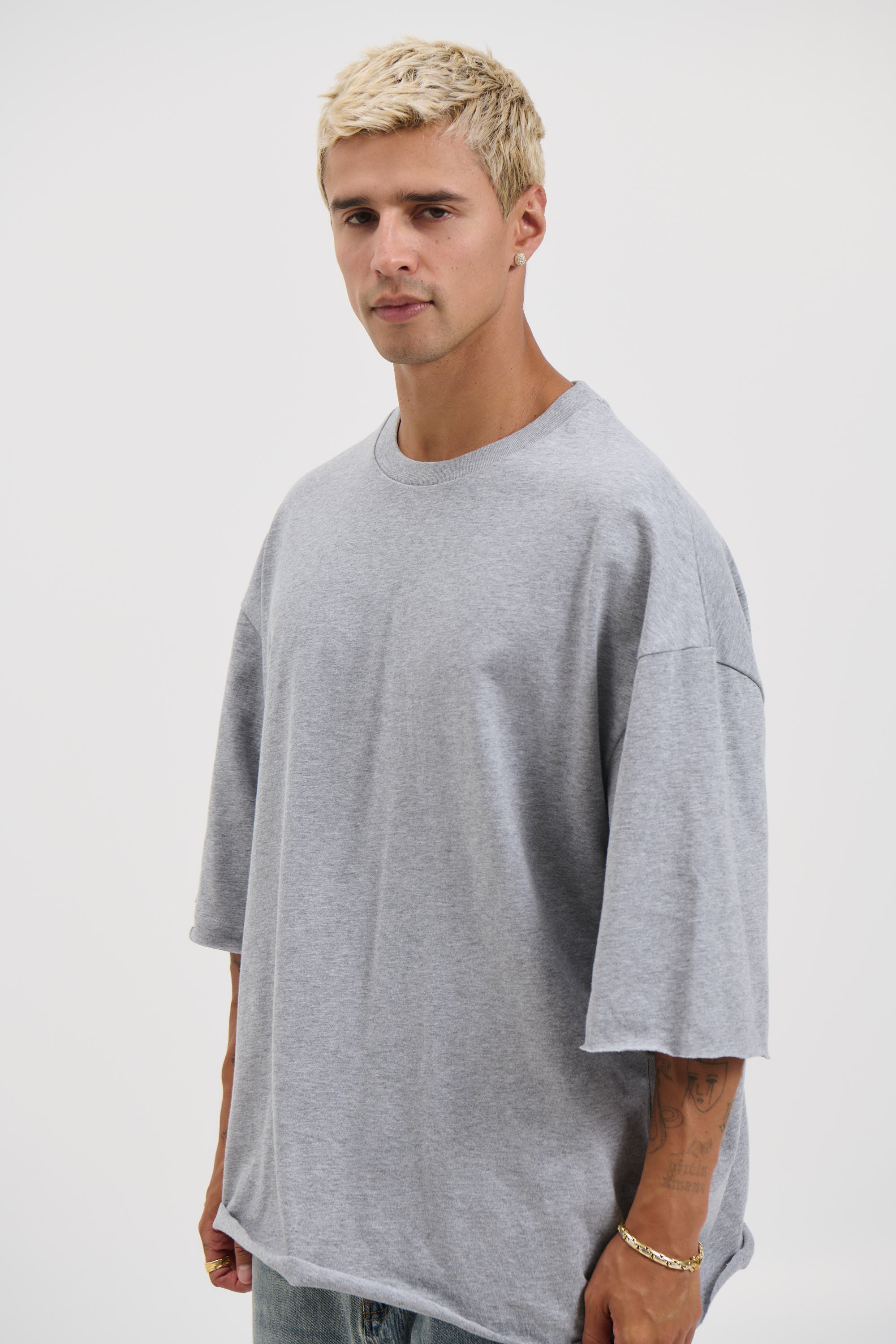 Raw Hem Crew Neck Tee Grey Marle