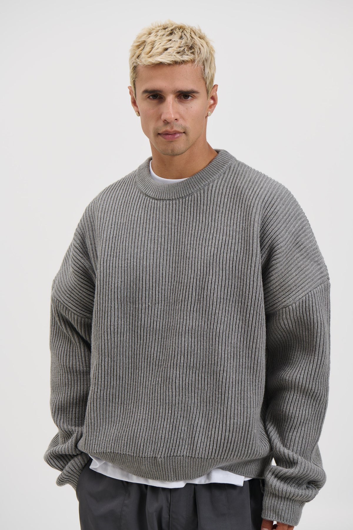 Long Sleeve Solid Knit Sweater Anthracite Gray