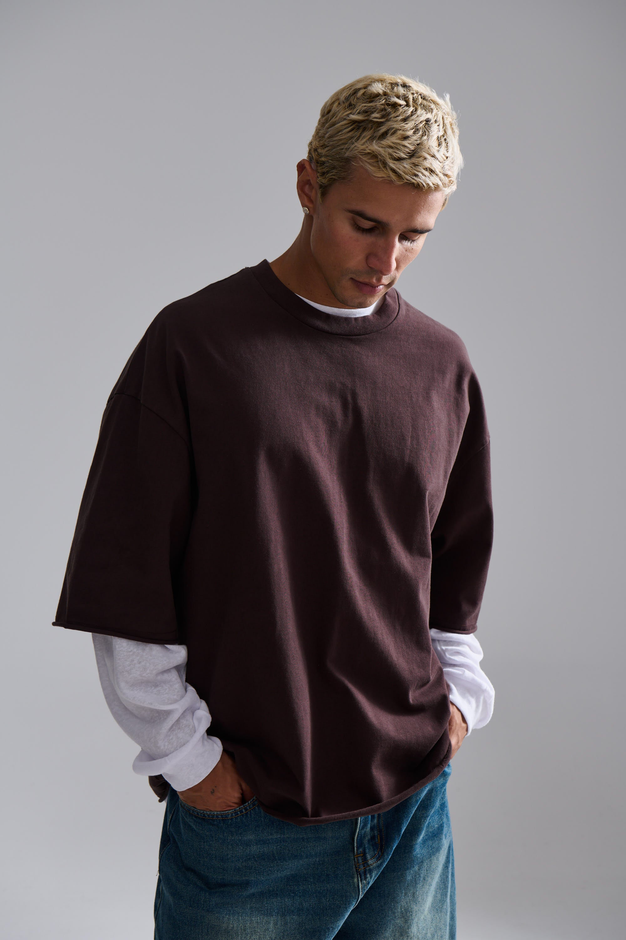 Raw Hem Crew Neck Tee Choc