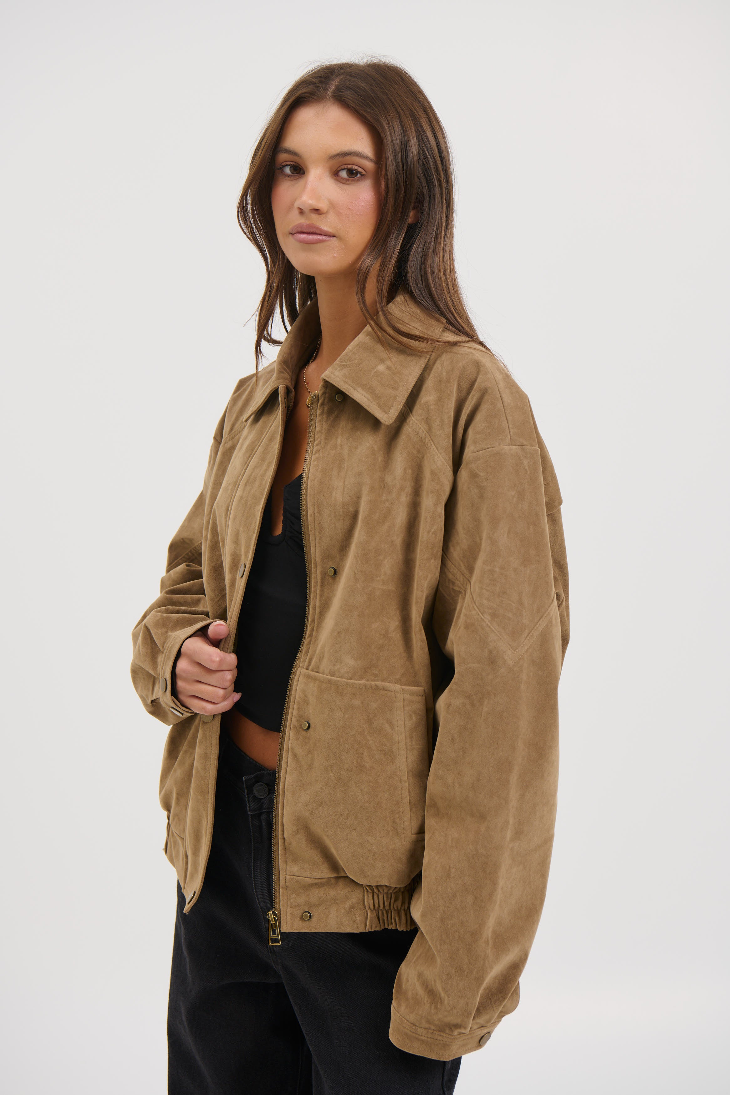 Jorja Suede Bomber Jacket Chocolate