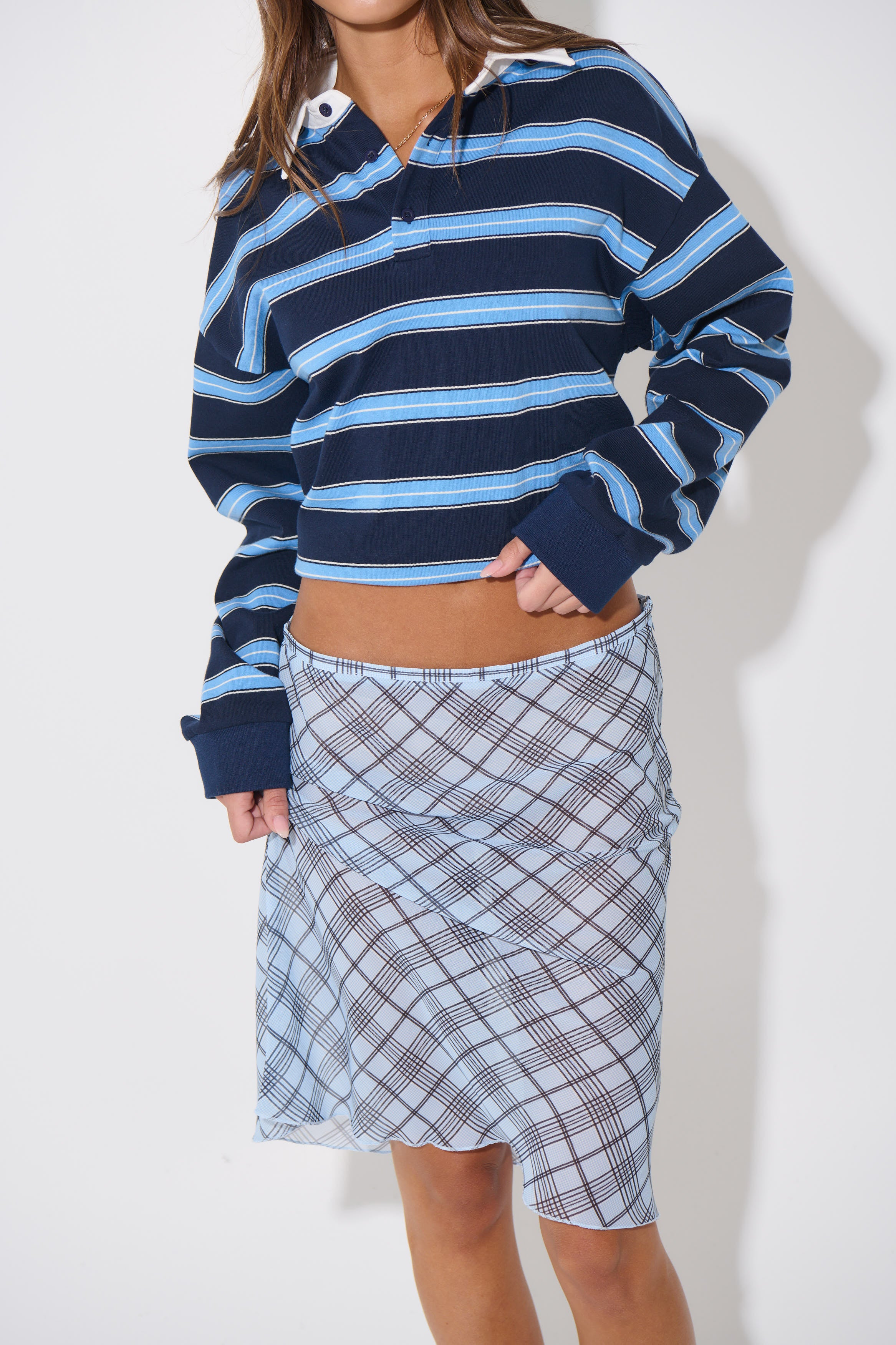 Shoreline Midi Skirt Baby Blue Plaid