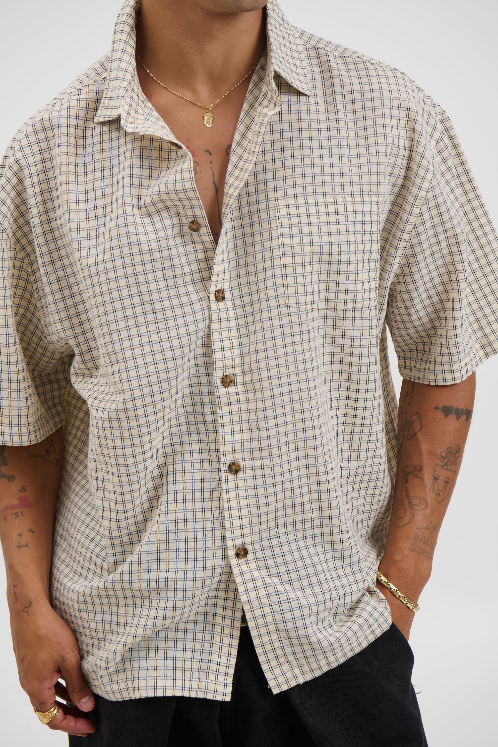 Nathaniel Drop Shirt Check Ivory