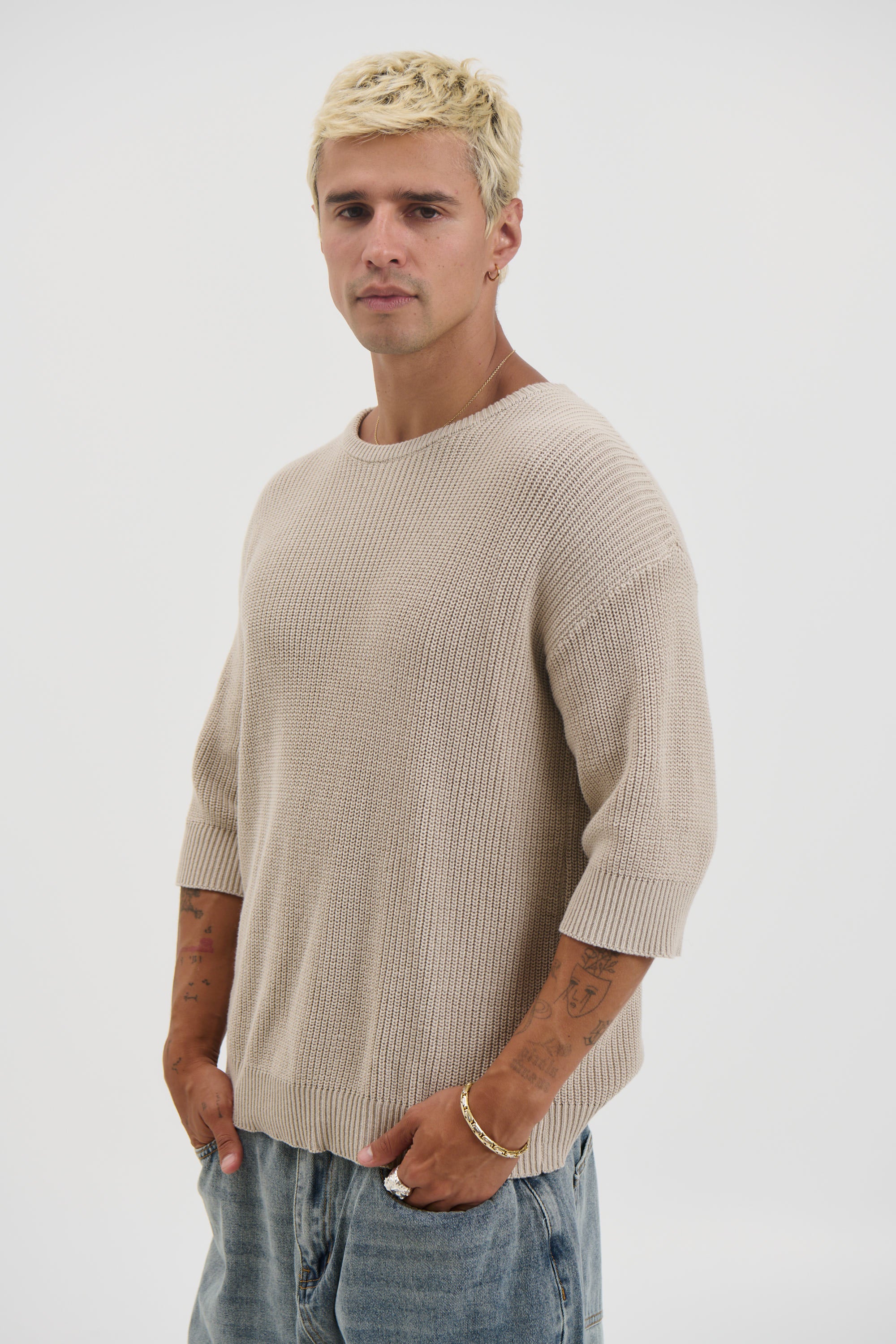Drop Sleeve Knitted Tee Stone