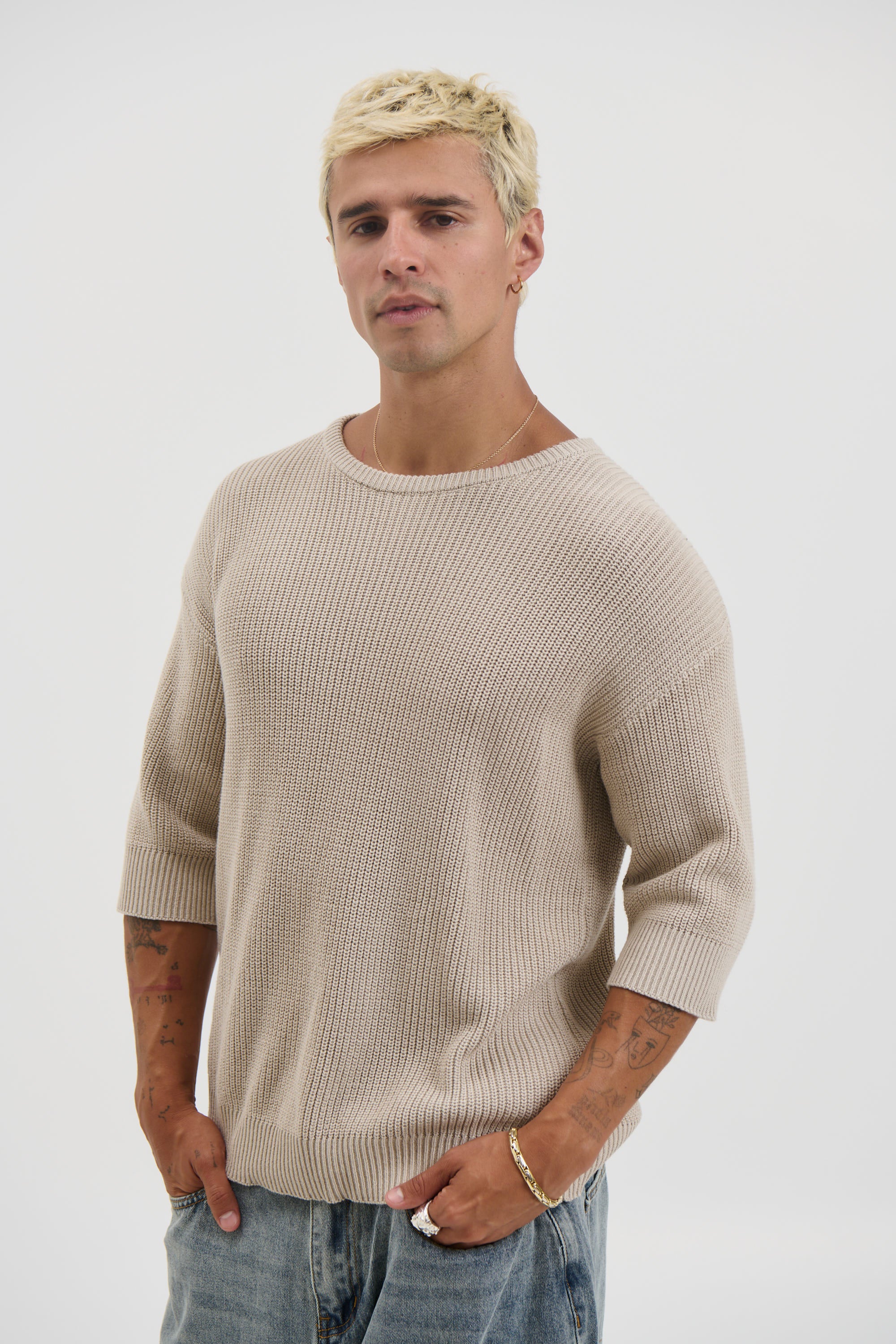 Drop Sleeve Knitted Tee Stone