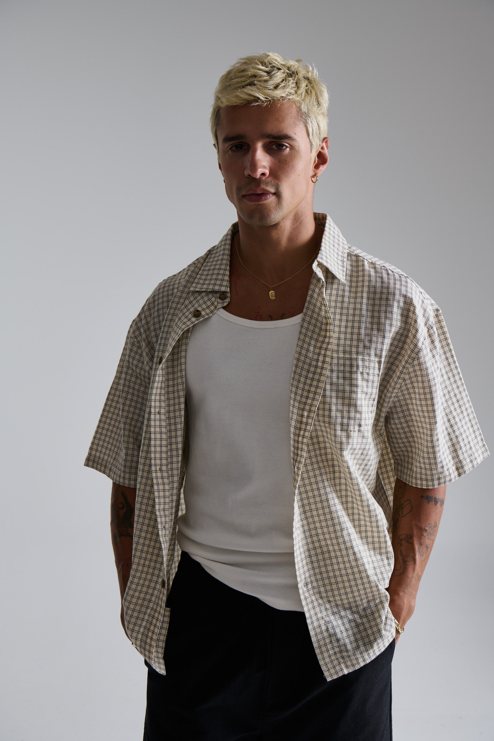 Nathaniel Drop Shirt Check Ivory