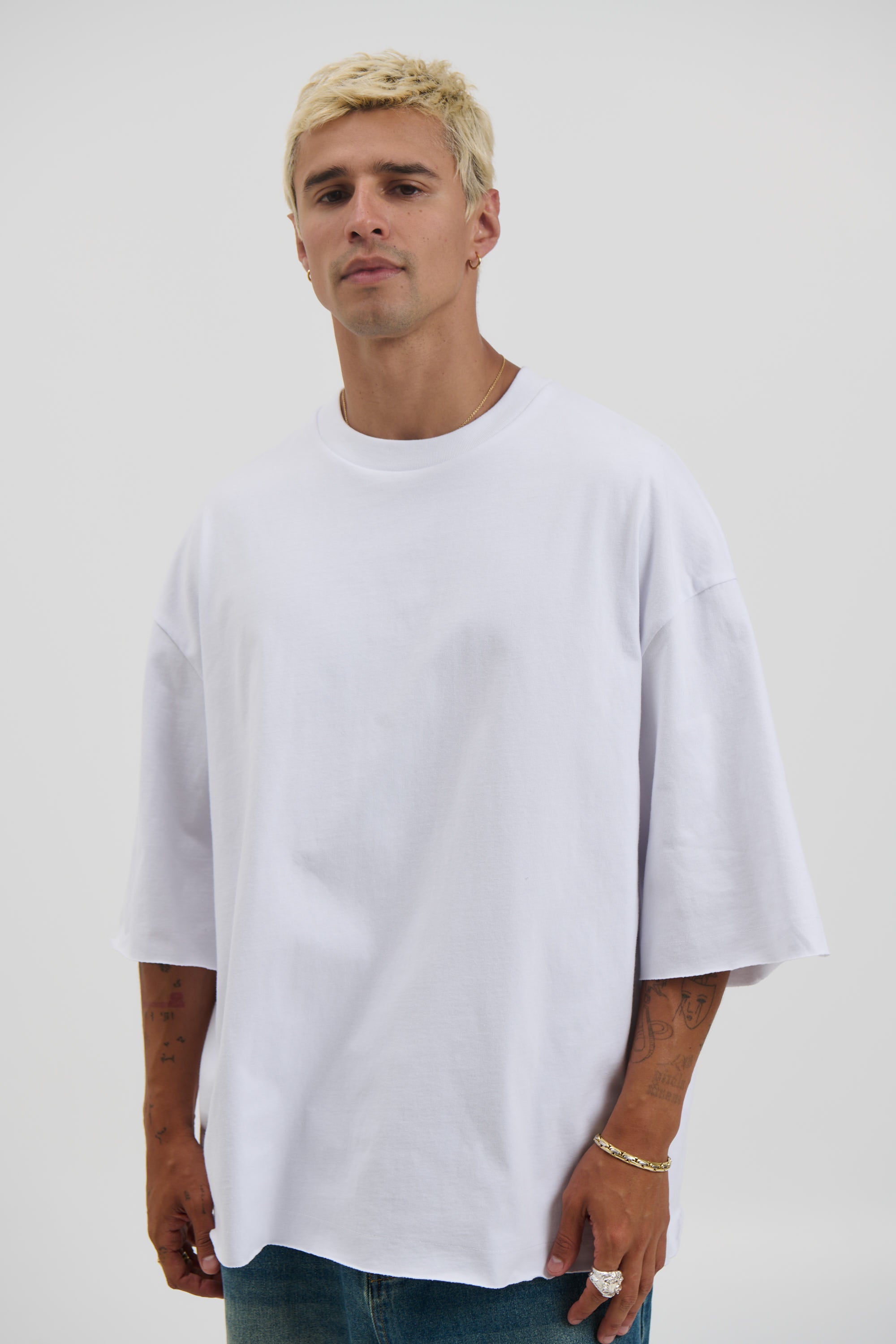 Raw Hem Crew Neck Tee White