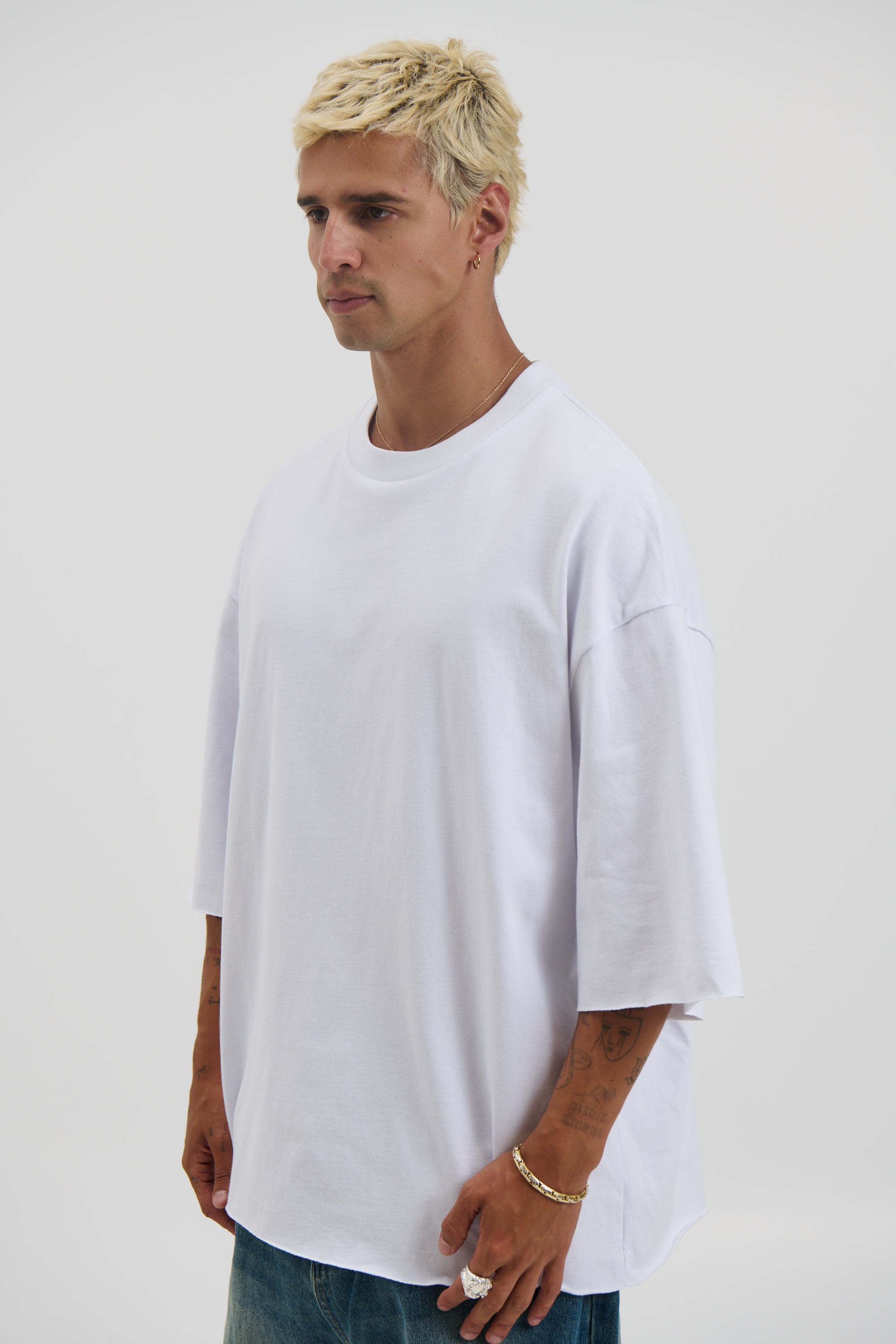 Raw Hem Crew Neck Tee White