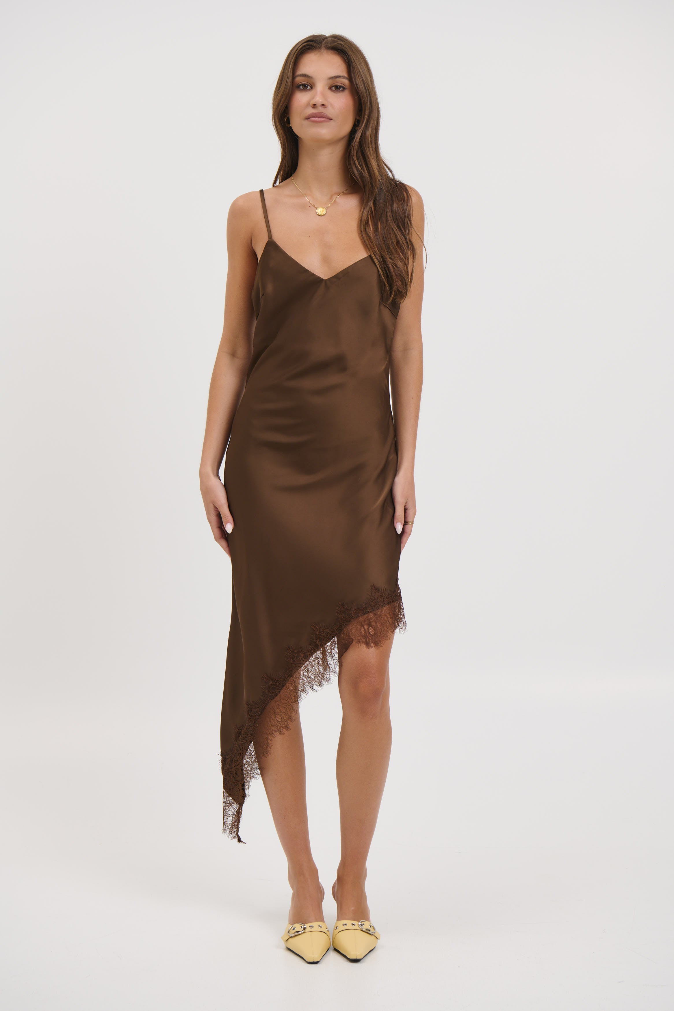 Margot Satin Lace Dress Chocolate