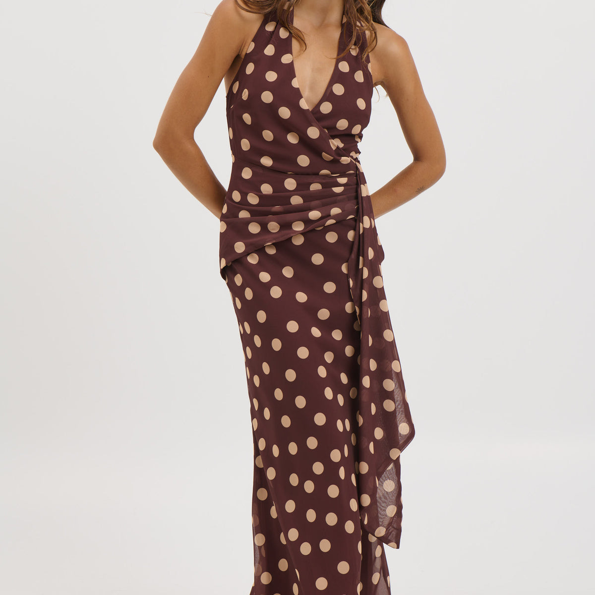 bronze snake long sleeve dress Givelle Maxi V-Neck Halter Dress AU 8 / Polka Dot