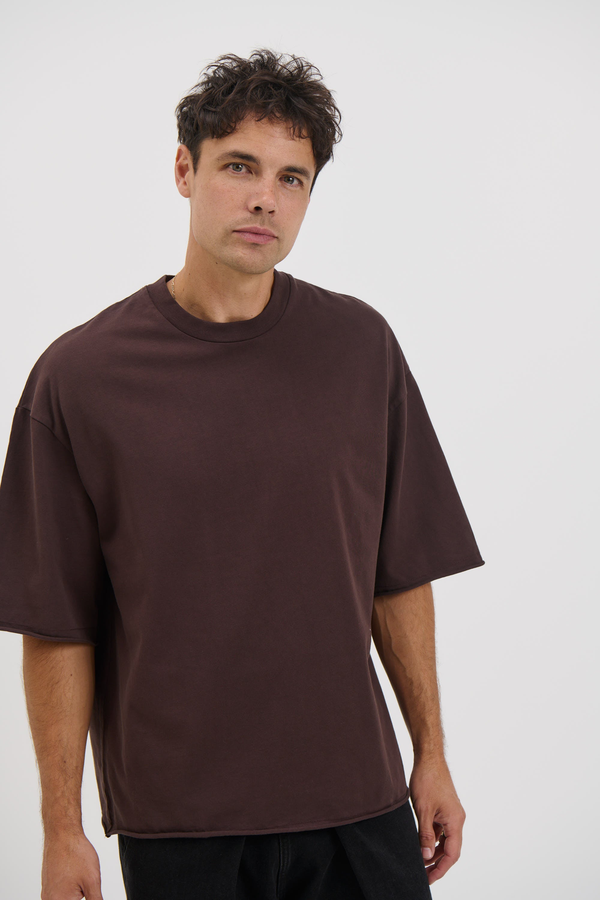 Raw Hem Crew Neck Tee Choc