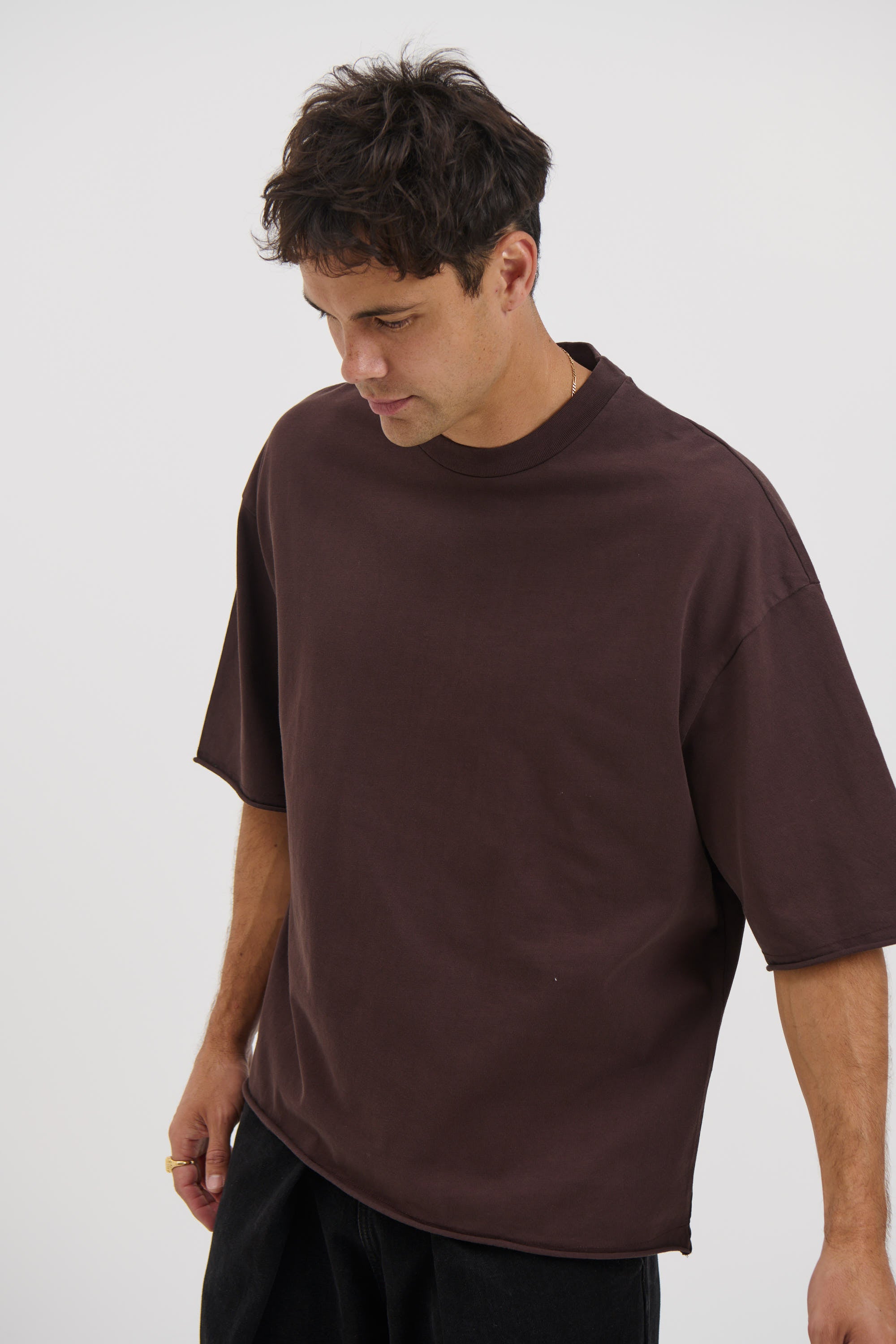 Raw Hem Crew Neck Tee Choc