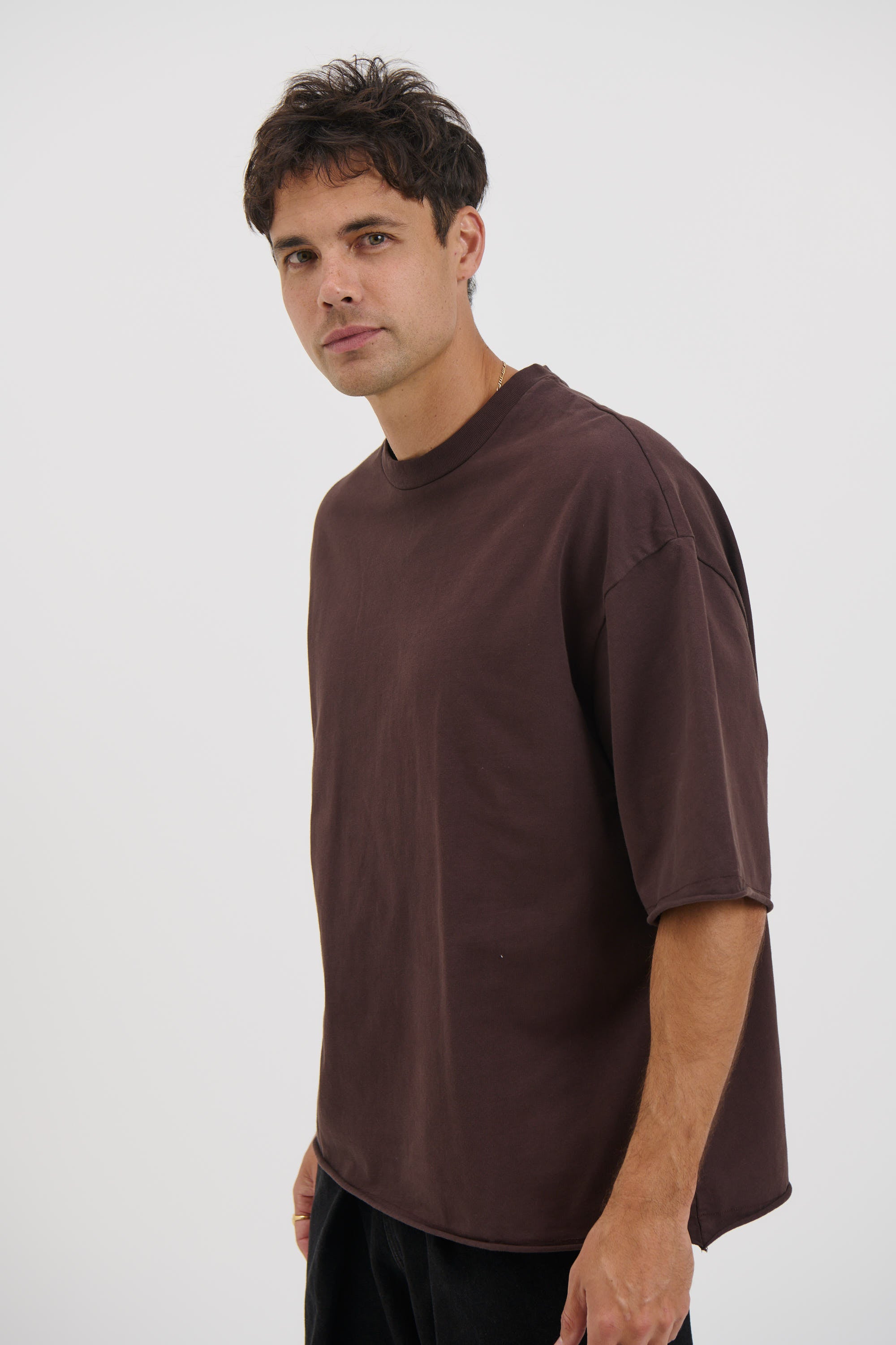 Raw Hem Crew Neck Tee Choc