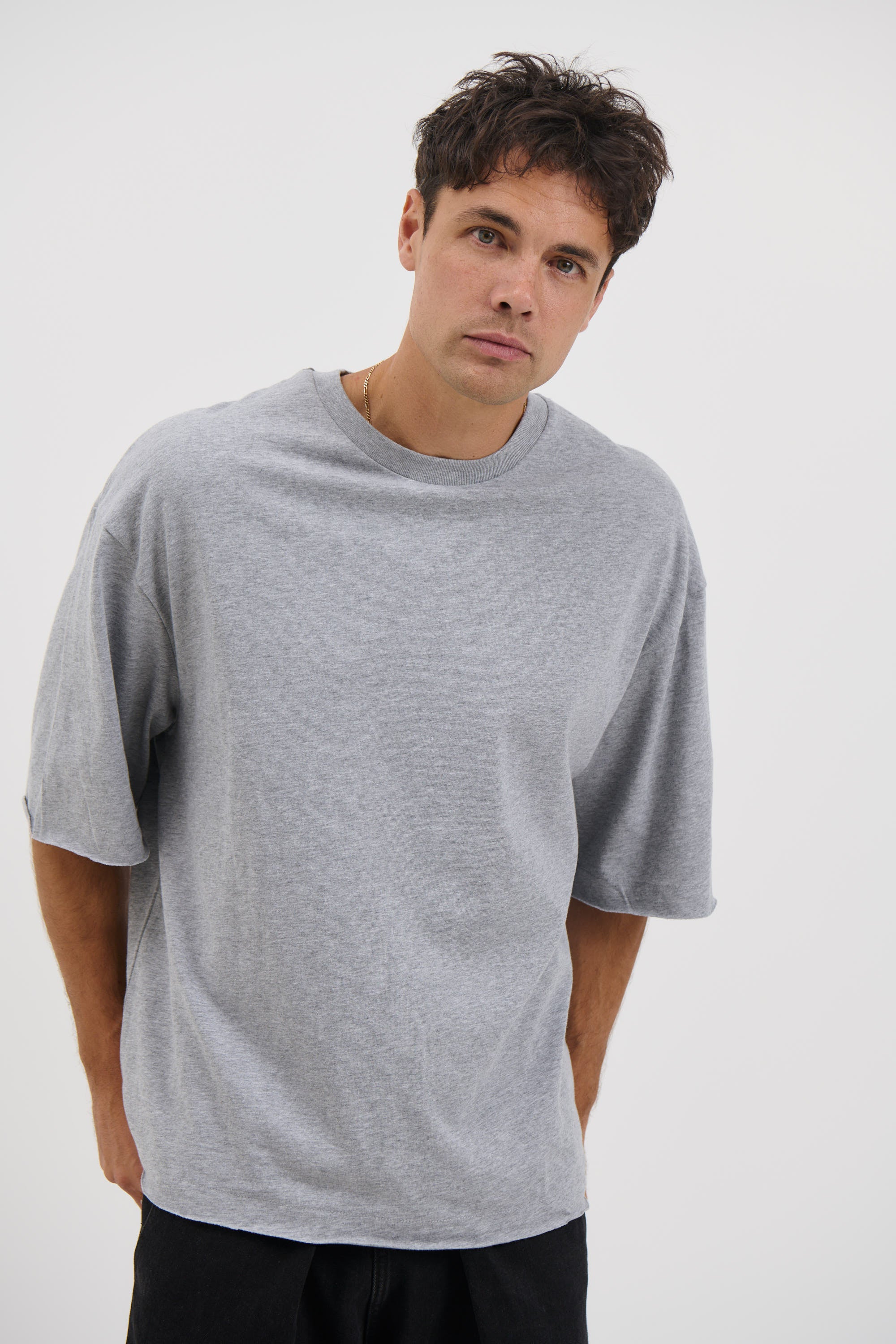 Raw Hem Crew Neck Tee Grey Marle