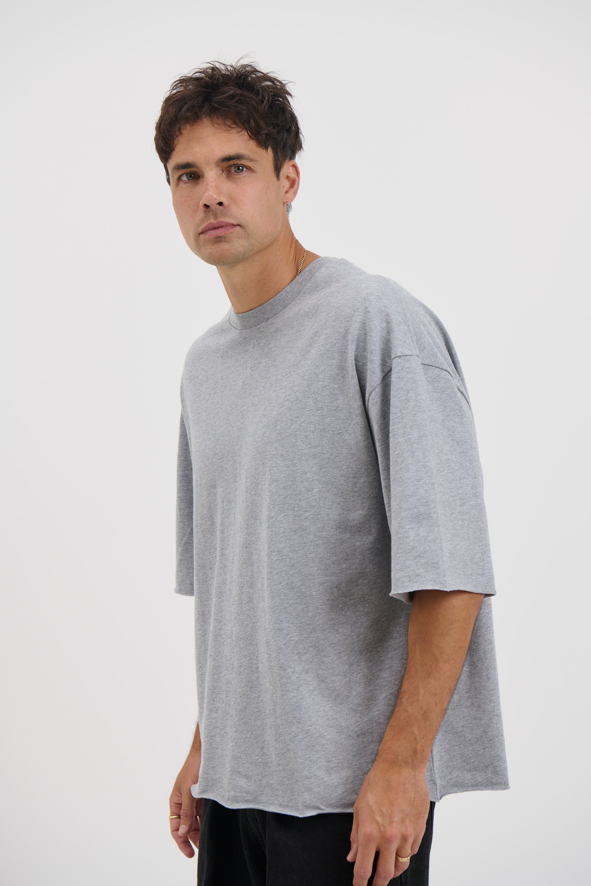 Raw Hem Crew Neck Tee Grey Marle