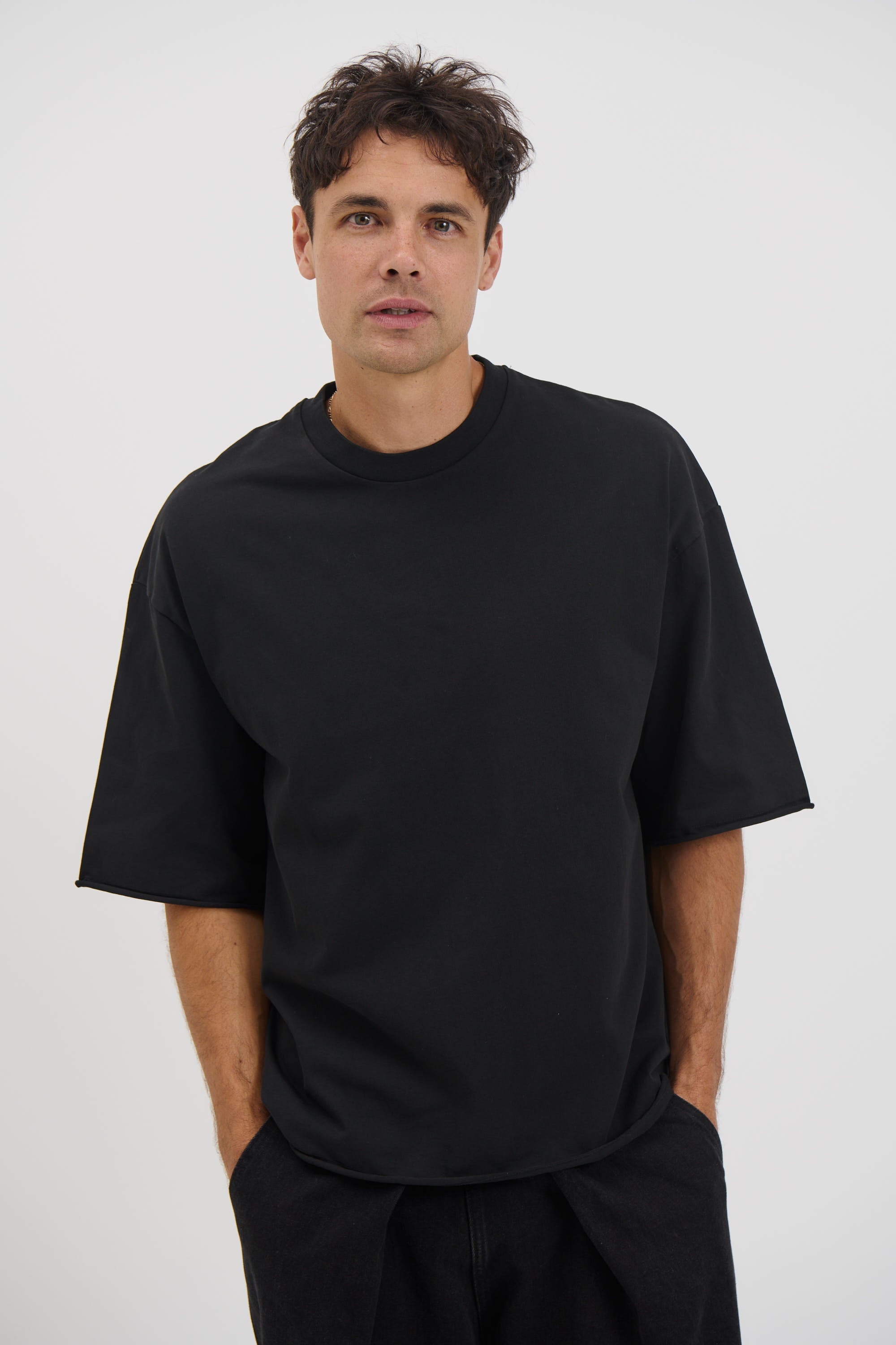 Raw Hem Crew Neck Tee Black