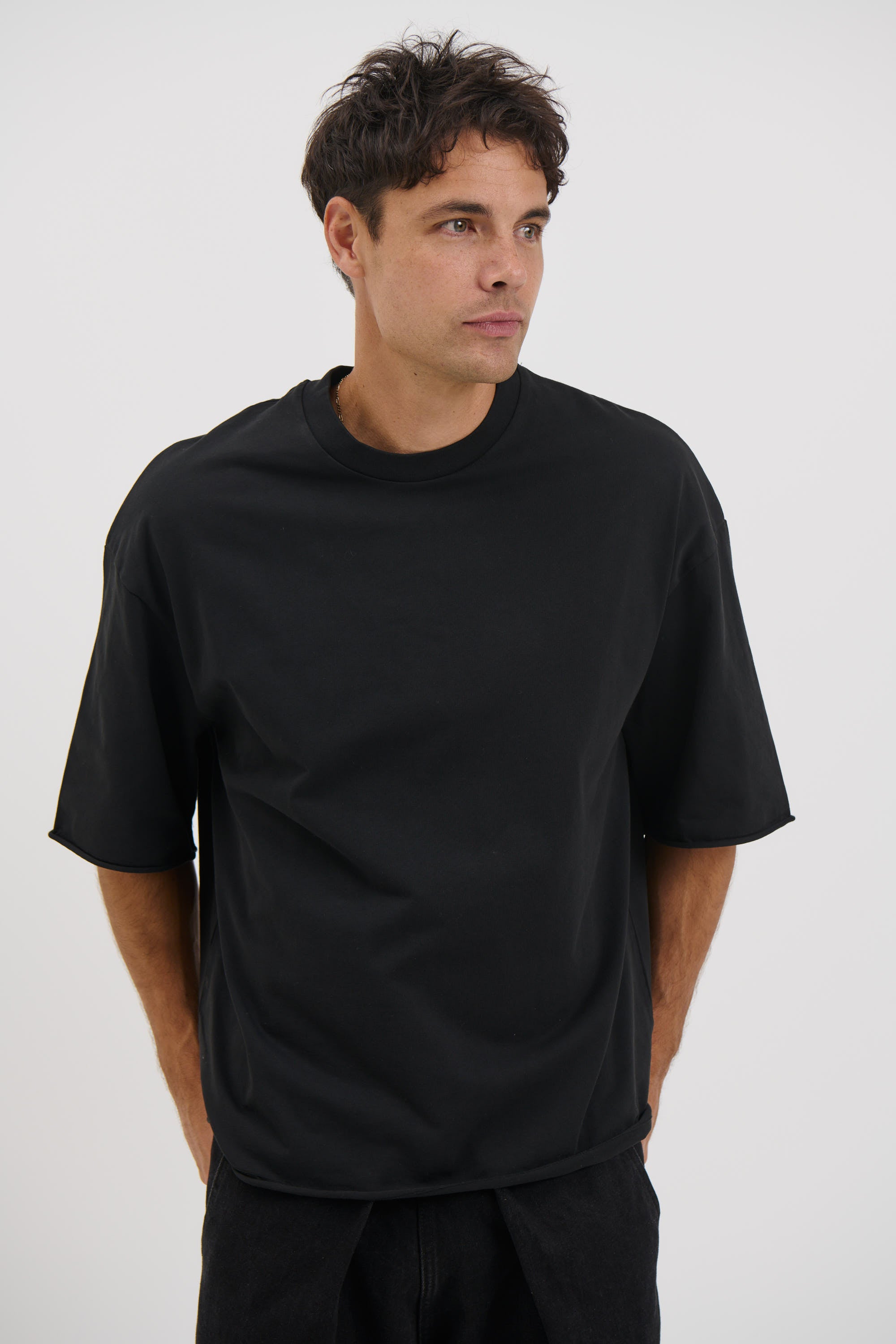 Raw Hem Crew Neck Tee Black