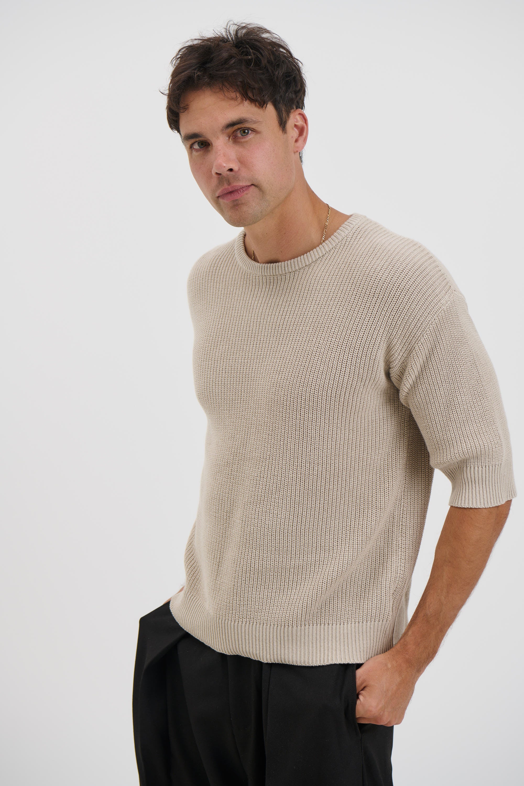 Drop Sleeve Knitted Tee Stone