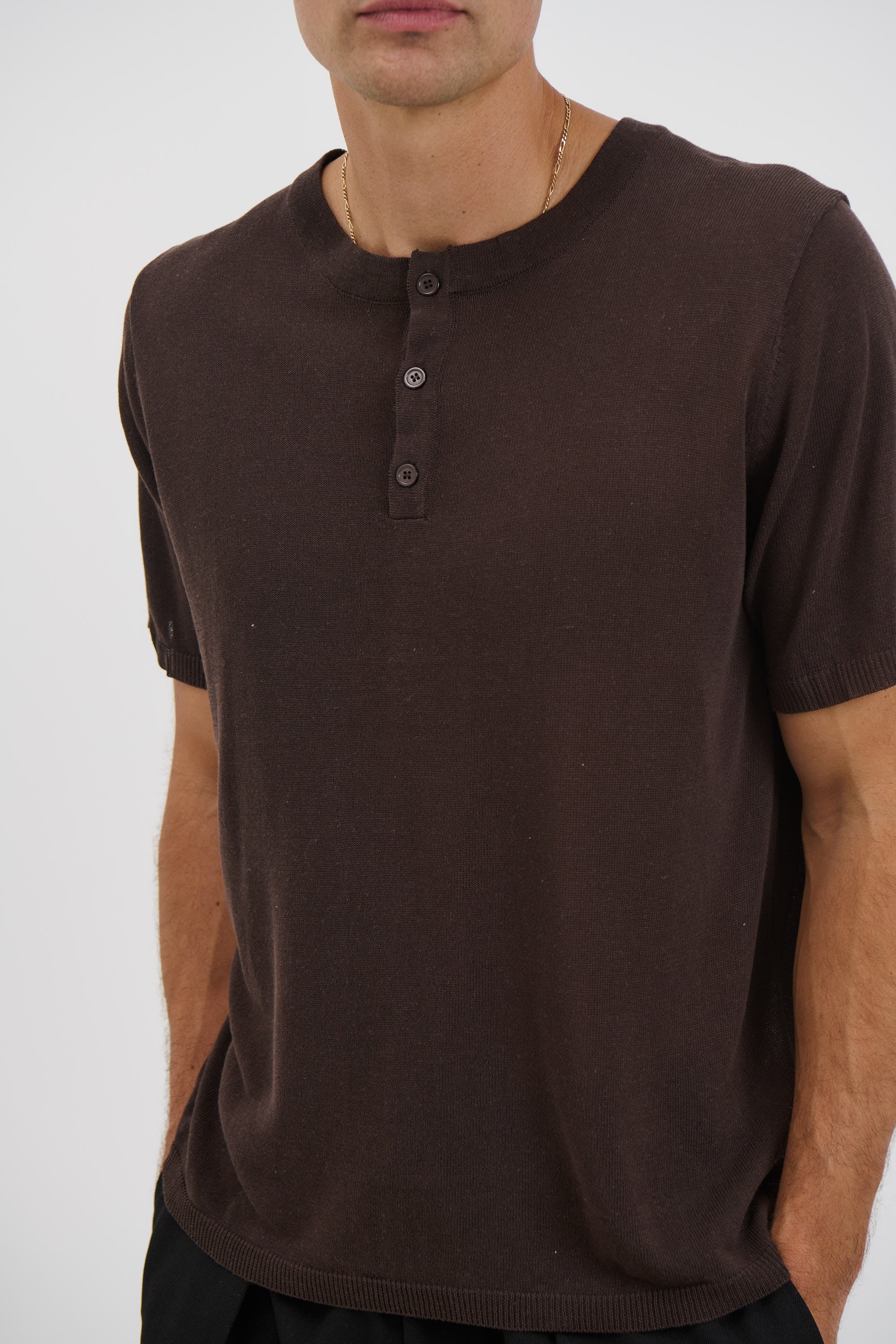Knitted Henley Tee Chocolate